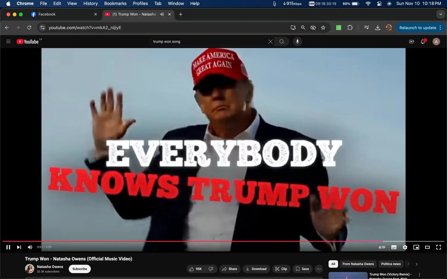 In this YouTube screenshot from the official music video "Trump Won" by Natasha Owens, the scene prominently features Donald Trump. The video appears to be themed around political commentary, emphasizing the message with bold text overlay that reads "EVERYBODY KNOWS TRUMP WON." Donald Trump is depicted wearing a red "MAKE AMERICA GREAT AGAIN" cap and a dark suit jacket. His hands are raised and slightly blurred, suggesting movement. The background is outdoors with a clear sky, giving the scene a bright, open atmosphere. The text is prominently placed across the center of the image, using a mix of white and red fonts to draw attention. This visual style is indicative of a bold, assertive message accompanying the music video. The channel hosting the video is Natasha Owens, who has a subscriber count visible in the image, reflecting engagement with the audience. The emphasis on Donald Trump and the accompanying text suggests a politically charged theme.
- Title: "Trump Won - Natasha Owens (Official Music Video)"
- Channel / profile: "Natasha Owens"
- Site / app: "YouTube"