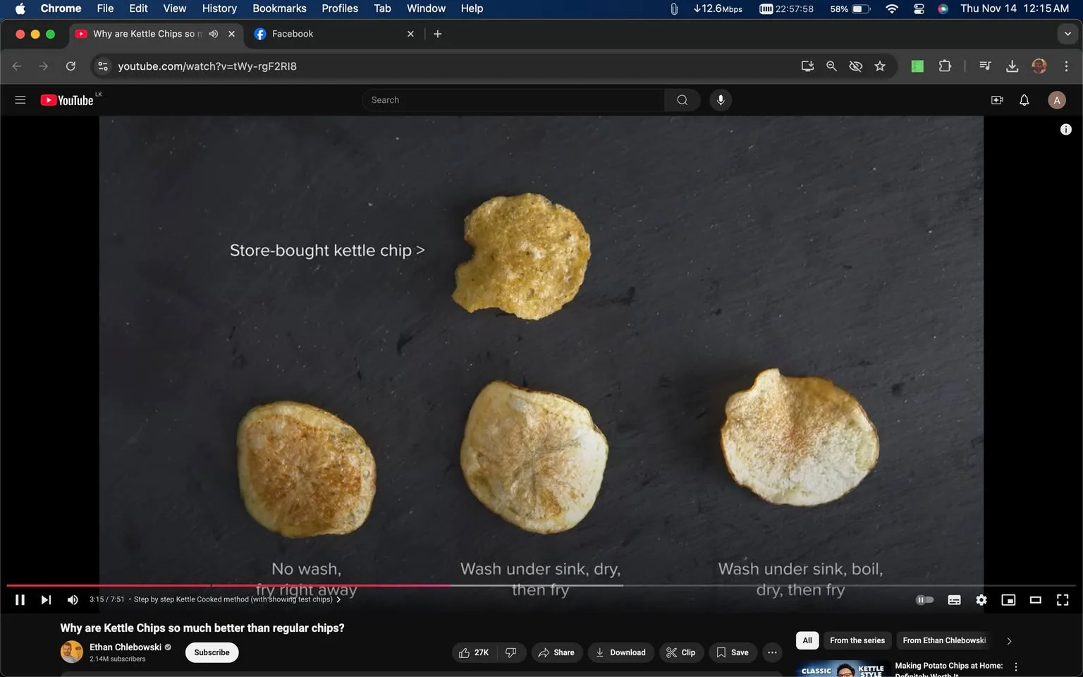 ```

SECTION 2:

The screenshot depicts a YouTube video paused at 3:15, titled "Why are Kettle Chips so much better than regular chips?" by Ethan Chlebowski. The video compares different types of chips, including a store-bought kettle chip and various homemade versions. There are four chips displayed on a dark slate surface. Each chip is labeled with different preparation methods: "Store-bought kettle chip," "No wash, fry right away," "Wash under sink, dry, then fry," and "Wash under sink, boil, dry, then fry."

The chips vary in color and texture, suggesting differences in crispiness and cooking methods. The lighting is focused, highlighting the chips' textures and colors against the dark background. The video is from a culinary series, as indicated by the detailed examination of chip preparation techniques. The captions provide a concise explanation of the different preparation methods being tested. The interface shows typical YouTube elements, such as the video title, channel name, and subscriber count, with a modern browser window visible at the top.

- Title: "Why are Kettle Chips so much better than regular chips?"
- Channel / profile: "Ethan Chlebowski"
- Site / app: "YouTube"
- Captions / subtitles: "Store-bought kettle chip >", "No wash, fry right away", "Wash under sink, dry, then fry", "Wash under sink, boil, dry, then fry"