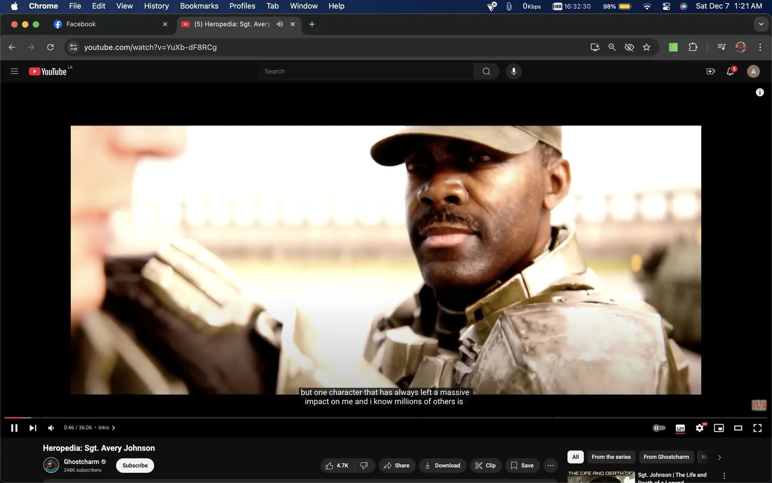 In this video frame from a YouTube video titled "Heropedia: Sgt. Avery Johnson" by the channel Ghostcharm, Sgt Johnson is prominently featured. The scene is set outdoors with a military ambiance. Sgt Johnson is in the foreground, wearing a military uniform complete with a cap, giving a serious and focused expression. The lighting is bright, suggesting daytime, while the background is slightly blurred, emphasizing the character. The caption at the bottom mentions the impact of a character, likely referring to Sgt Johnson, which aligns with the video's focus. The overall mood is serious, reflecting the military theme and the importance of the character being discussed.

- Title: "Heropedia: Sgt. Avery Johnson"
- Channel / profile: "Ghostcharm"
- Site / app: "YouTube"
- Captions / subtitles: "but one character that has always left a massive", "impact on me and i know millions of others is"