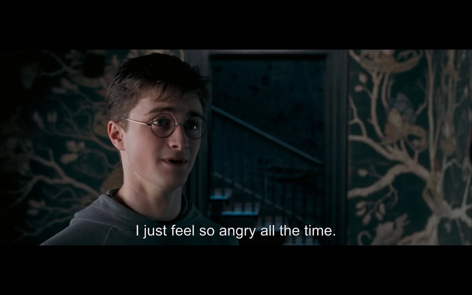 Harry Potter, portrayed by Daniel Radcliffe, is shown in a moment of emotional vulnerability. He is indoors, likely in a dimly lit room, as indicated by the subdued colors in the background. The wallpaper behind him features an intricate design of intertwining branches, adding a mystical, almost foreboding atmosphere to the setting. Harry is wearing a casual gray hoodie, which contrasts with the more ornate background. His expression is earnest and slightly pained, reflecting the subtitle, "I just feel so angry all the time," which suggests a moment of introspection or confession. The lighting softly highlights his face, emphasizing his emotions. This scene captures the internal struggles Harry faces in the series, with the darkened stairway in the background hinting at the challenges and mysteries he must confront.

- Captions / subtitles: "I just feel so angry all the time."