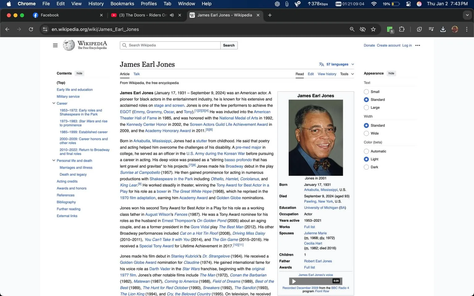 The image displays a Wikipedia page dedicated to James Earl Jones, featuring a photograph of him from 2001. The page includes various sections detailing his early life, career, and achievements. Notably, it mentions his significant contributions to stage and screen, highlighting awards such as the EGOT and his induction into the American Theatre Hall of Fame. The text also discusses his struggles with stuttering and his military service. The layout includes links to related topics and a sidebar with personal details like his birth date and education. The background is a standard Wikipedia layout with a white background and blue links.