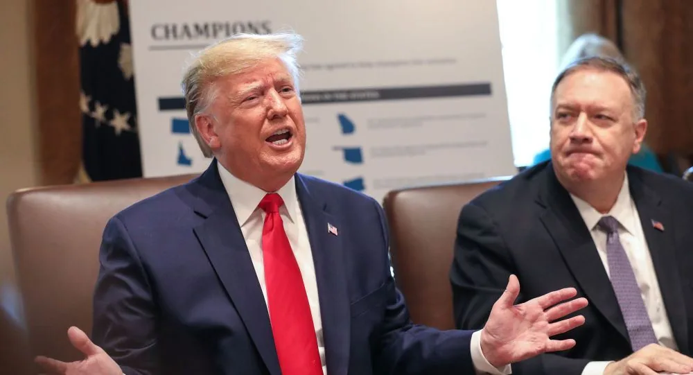 In the image, two men are seated at a table in what appears to be a formal meeting setting. One man, dressed in a blue suit with a red tie, is animatedly speaking, using hand gestures to emphasize his points. He has light-colored hair and a serious expression. The other man, wearing a dark suit and a tie, appears to be listening intently, with a more subdued expression. Behind them, there is a large poster with the word "CHAMPIONS" visible, along with some graphs or charts, suggesting a discussion related to a specific topic or initiative. The setting is indoors, likely in a government or official office, indicated by the decor and the presence of a flag in the background.