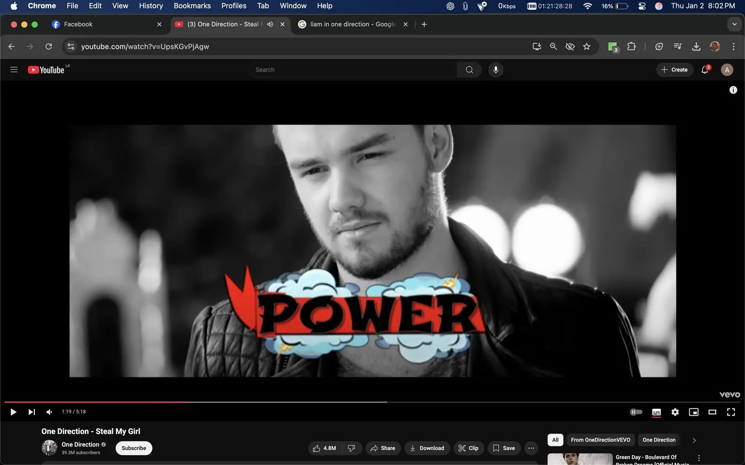 In the image, a young man with a light beard and short hair is featured prominently, appearing thoughtful as he gazes slightly off-camera. He is dressed in a black leather jacket, which adds a rugged touch to his appearance. The background is blurred, suggesting an outdoor setting with soft lighting, likely from street lamps or similar sources. Overlaying the image is the word "POWER" in bold red letters, surrounded by a light blue cloud-like graphic, which adds a playful and dynamic element to the scene. The overall tone is monochromatic, enhancing the focus on the subject and the text. The context suggests this is a moment from a music video, specifically from the song "Steal My Girl" by One Direction, as indicated by the title below the video.