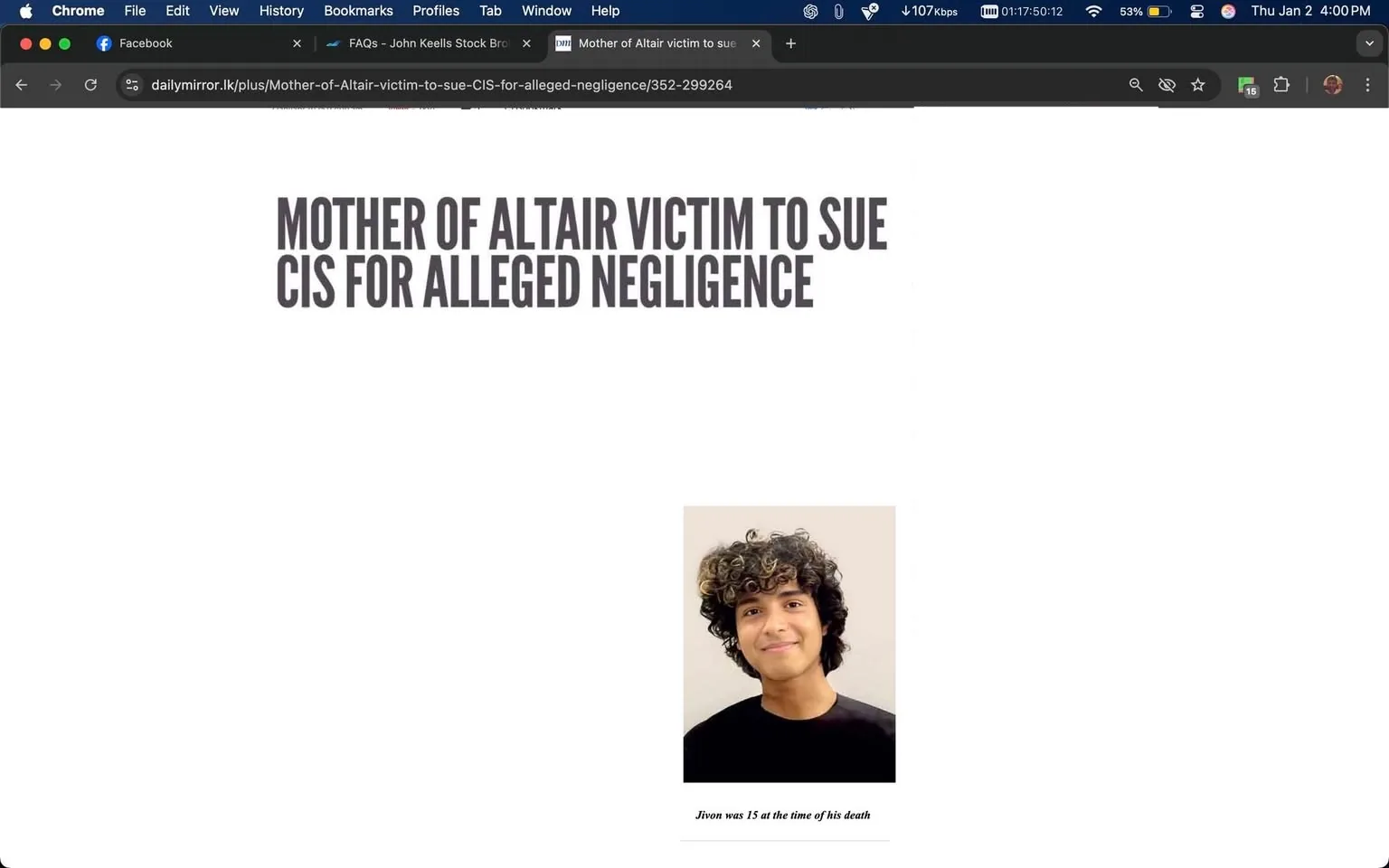 The article focuses on the legal actions being taken by Mona Rocky, the mother of Jivon Zoro Singh, a 15-year-old student who tragically died after falling from the Altair luxury apartment complex. It details her decision to sue the Colombo International School (CIS) for alleged negligence, citing a lack of duty of care that contributed to her son's untimely death. The text includes a letter of demand addressed to the school, which claims that the institution has not adequately responded to previous concerns raised by the mother. A photograph of Jivon is included, showing him with curly hair and a neutral expression, wearing a black shirt. The article is set against a backdrop of ongoing discussions about the incident and the school's accountability.
