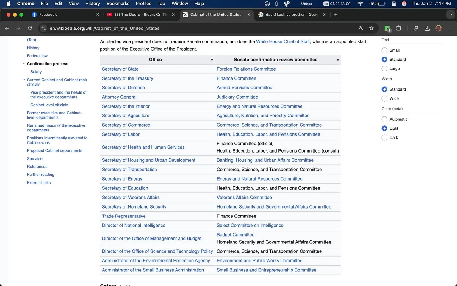 The image displays a portion of a Wikipedia page titled "Cabinet of the United States." It includes a table listing various cabinet positions such as Secretary of State, Secretary of the Treasury, and Attorney General, along with their corresponding Senate confirmation review committees. The layout is structured with two columns: one for the office titles and another for the committees responsible for their confirmation. The background is a web browser interface, and the text is clearly legible. There are no visible logos or brands in the content presented. The surrounding posts discuss various topics, including historical references and song lyrics, but they do not relate to the content of the image.