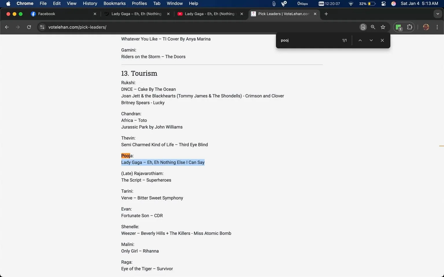 In the text, a list of songs and artists is presented, with a focus on the song "Eh, Eh (Nothing Else I Can Say)" by Lady Gaga, highlighted under the section titled "Tourism." Other artists mentioned include DNCE, Joan Jett & the Blackhearts, and Britney Spears, among others. The context appears to be related to a music selection or voting process, possibly for an event. Surrounding posts include various statements, some of which seem to reference personal thoughts or experiences, but they do not directly relate to the music content. The overall setting suggests an online discussion or social media interaction.