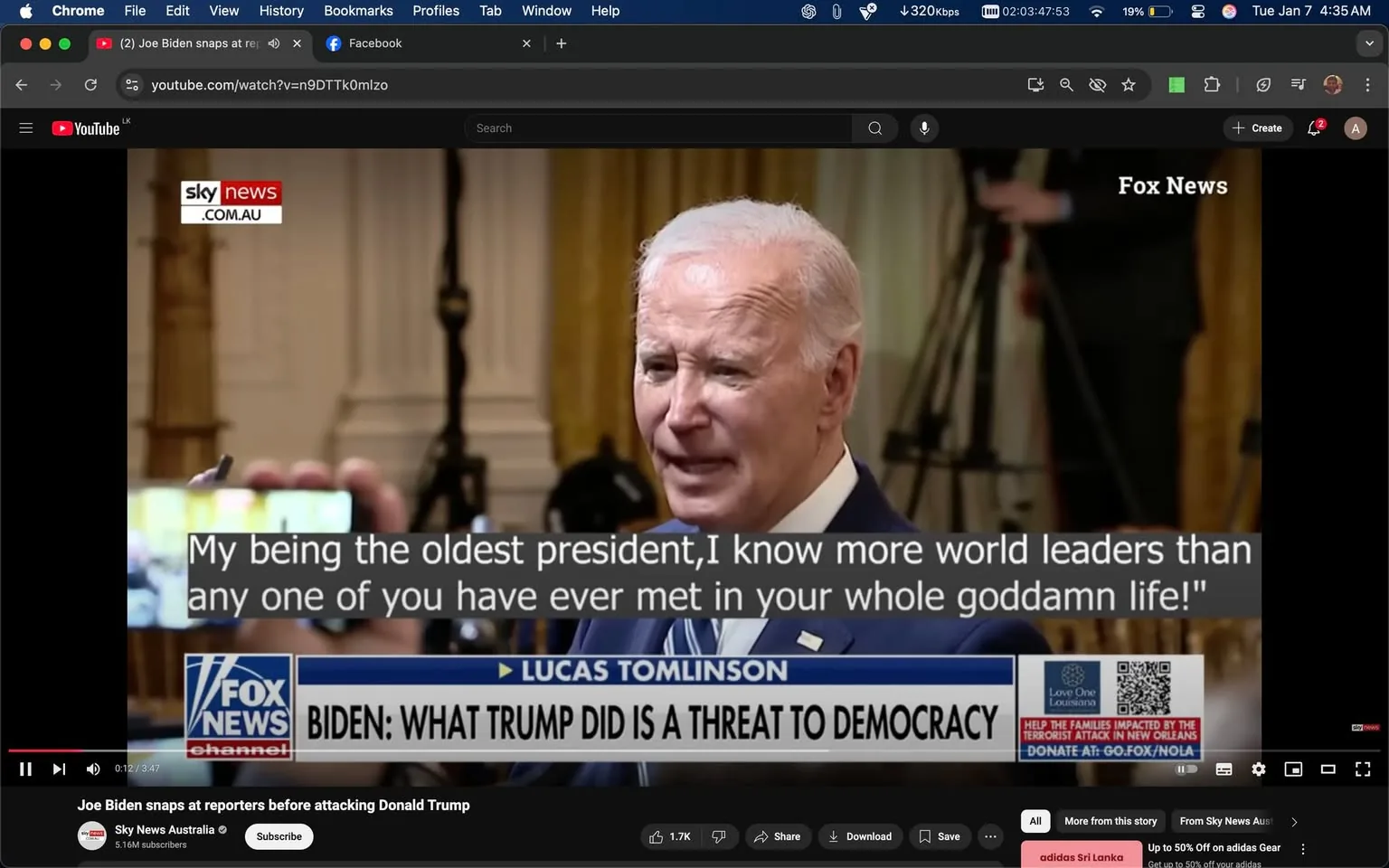 In the image, a public figure is captured speaking during a press event, expressing a strong opinion. The individual appears to be in a formal setting, likely a press conference, with a backdrop that includes draped curtains and a well-lit environment. The figure is dressed in a suit and has a serious expression, suggesting a moment of intensity in the discussion. Text overlays indicate a quote about being the oldest president and knowing more world leaders than the audience. The logos of Fox News and Sky News are visible, indicating the media outlets covering the event. The scene suggests a political discourse, with the figure addressing reporters, likely in response to questions or criticisms.