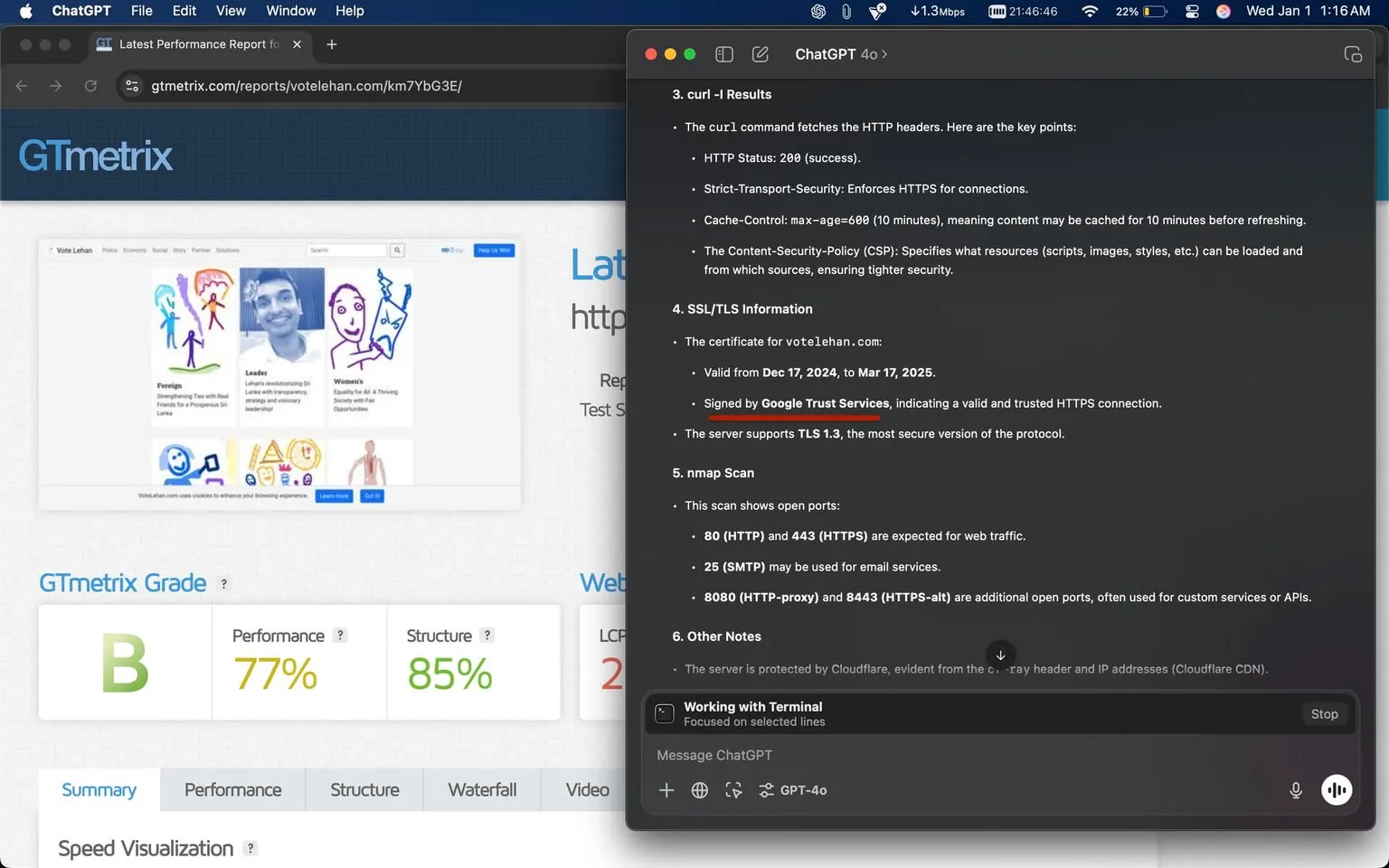 The image features a performance report from GTmetrix for the website "votelehan.com." It displays a GTmetrix grade of B, with performance at 77% and structure at 85%. The report includes technical details such as HTTP status, SSL/TLS information, and a list of open ports. The visible text indicates that the SSL certificate is valid until March 17, 2025, and is signed by Google Trust Services. The background shows a webpage with illustrations and text related to voting, alongside a ChatGPT interface on the right side, which is focused on terminal commands. The setting appears to be a digital workspace, likely on a computer.