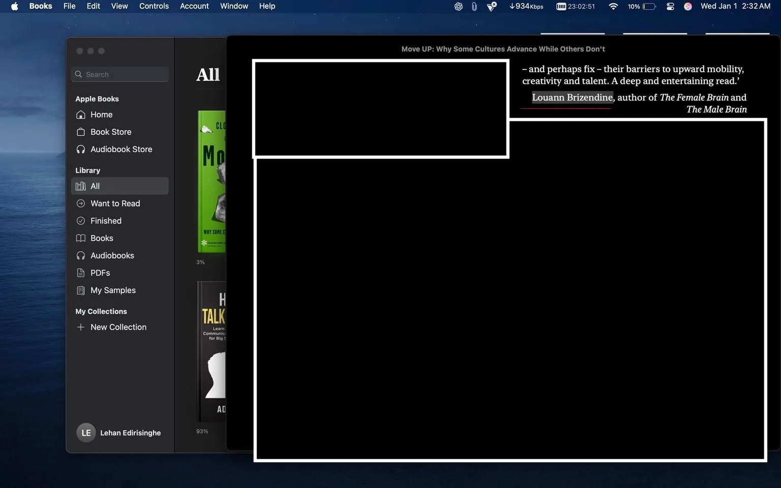 The image displays a digital reading interface from Apple Books, showcasing a page from the book titled "Move UP: Why Some Cultures Advance While Others Don't." The text includes various quotes from authors and scholars discussing themes of success, societal progress, and human behavior. Notable names mentioned include Aubrey de Grey, Paul Bloom, and Louann Brizendine, each providing insights on the book's content. The background features a dark theme with white text, and the left sidebar lists other books and collections, indicating a library view. The interface suggests a reading session taking place on a computer, with a serene blue ocean background visible on the desktop.