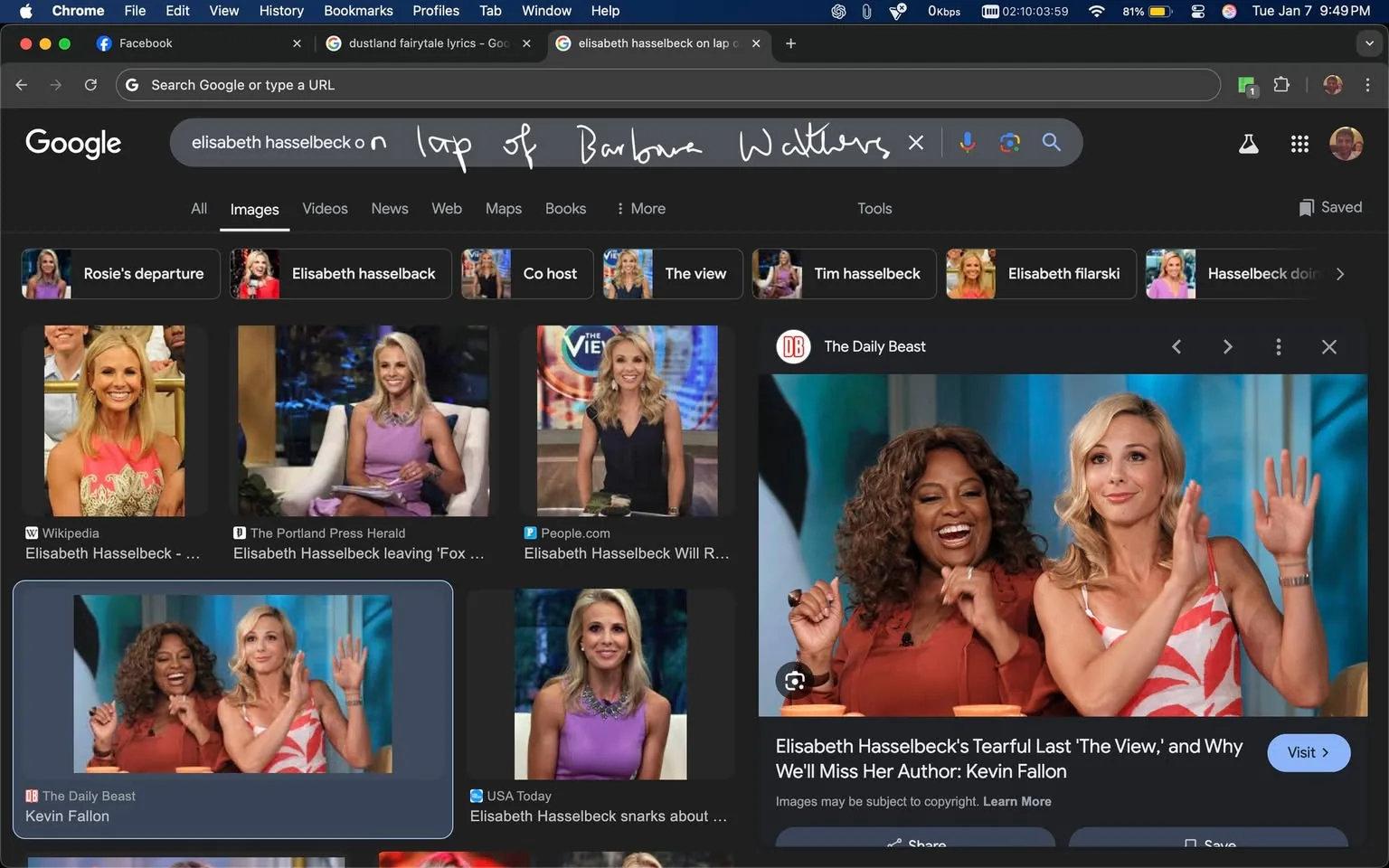 The image displays a Google search results page focused on Elisabeth Hasselbeck. Various thumbnails are visible, showcasing her in different settings, including appearances on a talk show. The thumbnails depict her with different hairstyles and outfits, often smiling or engaging with others. The background is dark, typical of a night mode interface, with a search bar at the top. The text includes links to articles and images related to her career, including mentions of "The View" and other media appearances. No explicit content or violence is present in the visible elements.