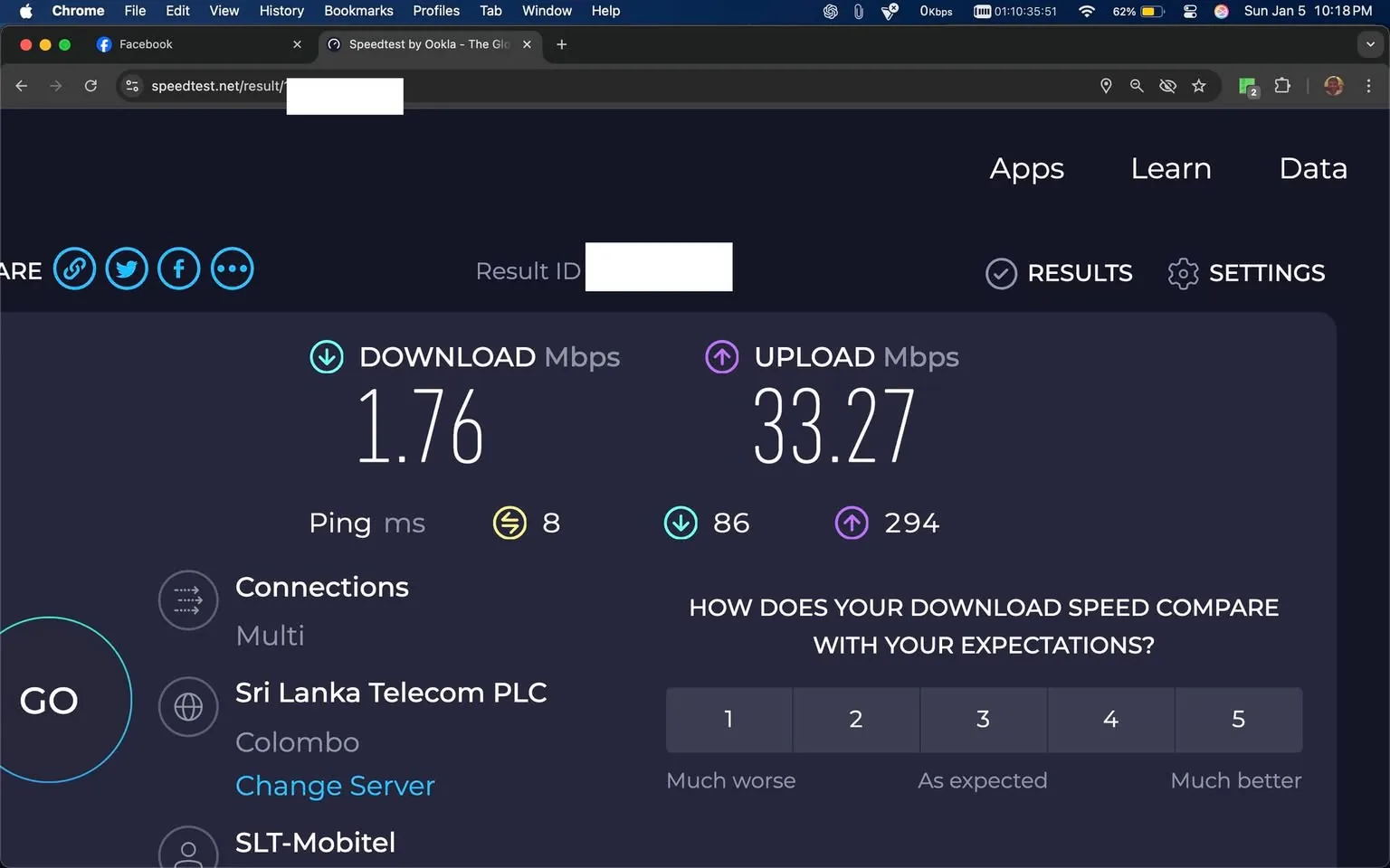 In the image, a speed test result from Ookla is displayed, showing a download speed of 1.76 Mbps and an upload speed of 33.27 Mbps, with a ping of 8 ms. The test indicates a connection type labeled as "Multi" and identifies the service provider as Sri Lanka Telecom PLC, located in Colombo. Below the speed metrics, there is a prompt asking how the download speed compares with expectations, with a scale from 1 to 5. The interface is dark-themed, typical of speed test applications, and includes options to share results and change server settings. The browser window at the top shows Facebook open, indicating the user may be multitasking.
