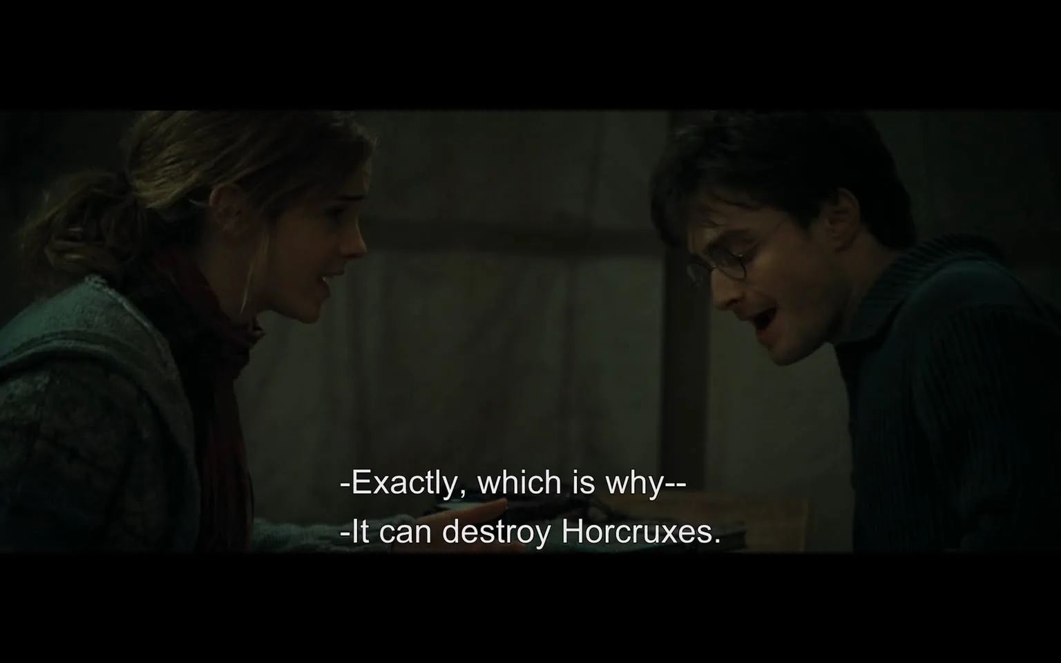In this scene, two characters are engaged in a serious conversation about Horcruxes, a concept from a fantasy narrative. One character, with long hair and wearing a sweater, appears to be emphasizing a point, while the other, wearing glasses and a dark sweater, responds with enthusiasm. The setting is dimly lit, suggesting an indoor environment, possibly a tent or a secluded area. The background is blurred, focusing attention on the characters' expressions and dialogue. The text displayed indicates their discussion revolves around the significance of a particular object that can destroy Horcruxes, highlighting the urgency and importance of their conversation.
