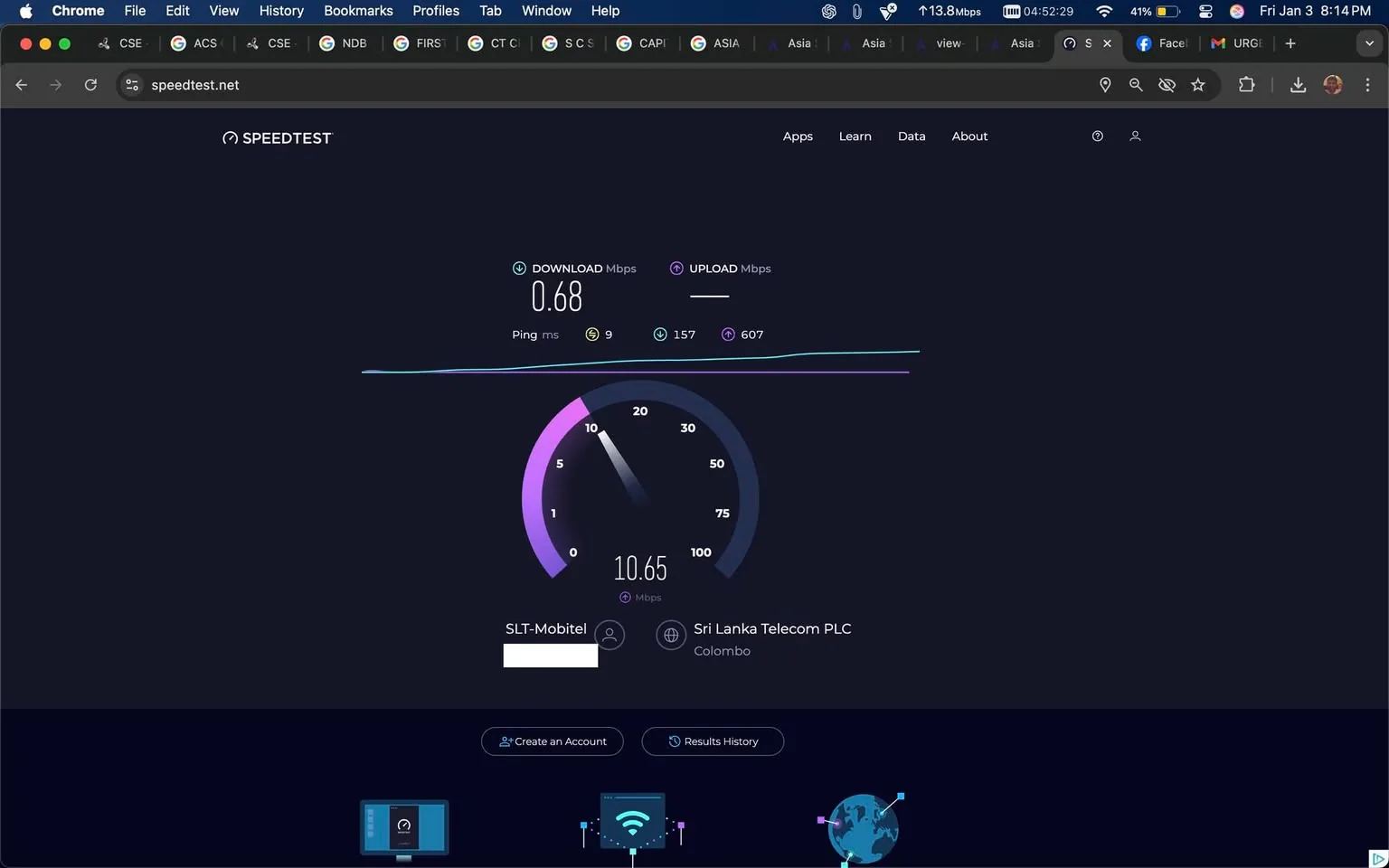 The image features a speed test result from speedtest.net, showing a download speed of 0.68 Mbps and an upload speed of 10.65 Mbps, with a ping of 9 ms. The service provider is SLT-Mobitel, associated with Sri Lanka Telecom PLC, and the location is indicated as Colombo. The background is dark, with a circular gauge displaying the download and upload speeds. The interface includes various elements typical of a speed test, such as a logo and options for account creation and results history. No individuals or sensitive content are present in the image.