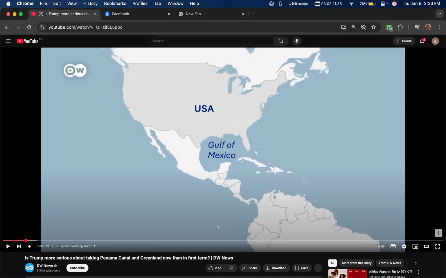 The image displays a map of North America, prominently featuring the United States labeled in blue text. Below it, the Gulf of Mexico is also marked in blue. The map is presented in a light color scheme, with the land areas depicted in a pale shade against a blue background representing the ocean. The logo for DW (Deutsche Welle) is visible in the top left corner, indicating the source of the content. The overall setting suggests a geographical or educational context, likely related to a news segment or informational video.