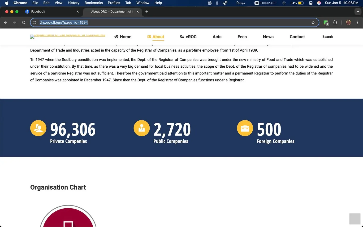 In the image, a webpage from the Department of Registrar of Companies is displayed, featuring statistics about various types of companies. The page highlights that there are 96,306 private companies, 2,720 public companies, and 500 foreign companies. The layout includes icons next to each statistic, with a blue background and white text for clarity. The top of the page shows a navigation bar with links to sections like "Home," "About," "eROC," "Acts," "Fees," "News," and "Contact." The content appears to be informational, focusing on the structure and history of the department.