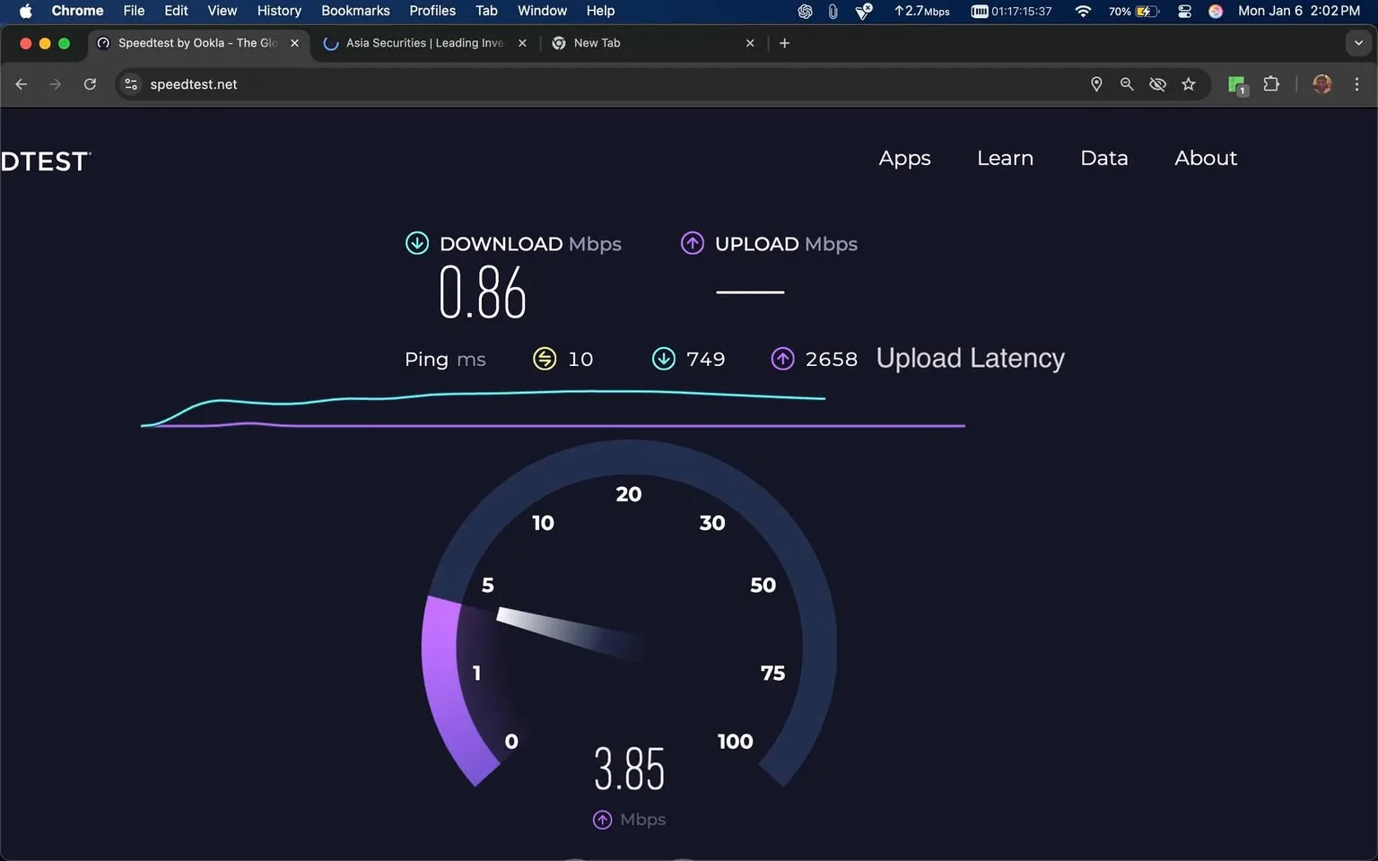 In the context of a speed test result displayed on a screen, the download speed is recorded at 0.86 Mbps, while the upload speed is not specified. The ping is noted at 10 ms, with upload latency at 2658 ms. The interface is dark-themed, typical of speed test applications, with a gauge indicating the download speed. Surrounding text reflects intense and aggressive sentiments regarding violence and terrorism, expressing a desire to combat perceived threats with extreme measures. The text discusses concerns about safety in public spaces and mentions specific groups and individuals in a negative light, indicating a mindset focused on retaliation and defense against perceived evil.