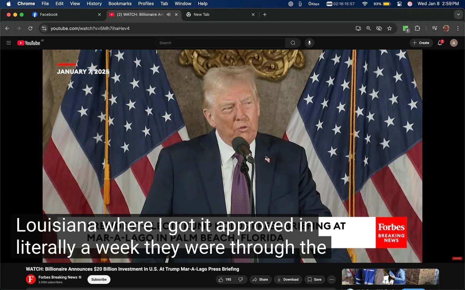In the image, a public figure is delivering a speech at a press briefing, positioned in front of two American flags. The individual is wearing a dark suit with a white shirt and a tie, and is speaking into a microphone. The background features ornate decorations, suggesting an official setting. Text overlays indicate the date as January 7, 2025, and the location as Mar-a-Lago in Palm Beach, Florida. A logo for Forbes is visible in the lower right corner, indicating the source of the broadcast. The surrounding posts reflect a range of political commentary, with references to various public figures and events, indicating a charged political atmosphere.