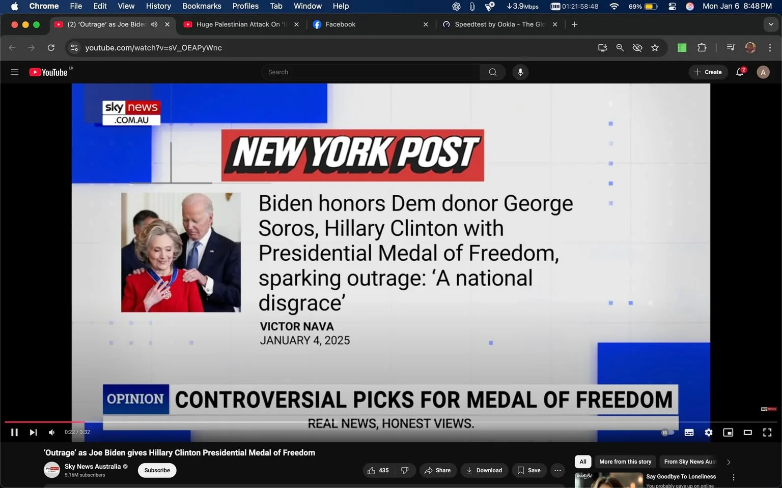 Biden is depicted in a formal setting, honoring individuals with the Presidential Medal of Freedom, which has sparked controversy. The text prominently features the names George Soros and Hillary Clinton, indicating they are the recipients of the award. The background includes a logo for Sky News and the New York Post, suggesting a news report context. The date mentioned is January 4, 2025, and the article is attributed to Victor Nava. The overall tone of the text suggests public outrage, labeling the event as a "national disgrace." The setting appears to be indoors, likely at a formal ceremony, with Biden and Clinton visible in the image.