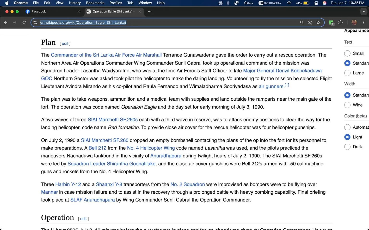 The text outlines a military operation known as Operation Eagle, initiated by the Sri Lanka Air Force. It details the planning and execution of a rescue mission involving various aircraft, including SIAI Marchetti SF.260s and Bell helicopters. The operation aimed to deliver supplies and personnel outside a fort's ramparts. Specific aircraft formations and maneuvers are mentioned, indicating a structured military strategy. The presence of weapons and the context of a military operation suggest potential violence. The text also references specific dates and locations relevant to the operation, providing a historical context.