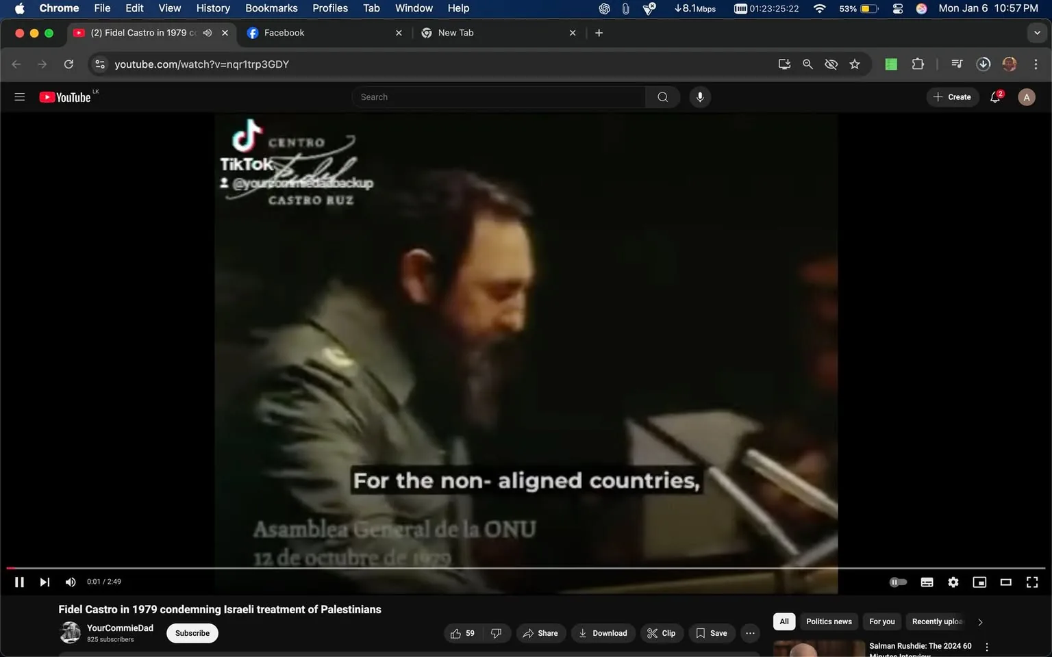 In the image, a man with a beard is seen speaking at a podium, likely addressing an audience at a United Nations assembly. He is dressed in a military-style jacket, and the setting appears to be dimly lit, focusing attention on him. The text overlay reads, "For the non-aligned countries," indicating the subject of his speech. Below, additional text identifies the event as taking place on October 12, 1979, at the UN General Assembly. The atmosphere suggests a serious discussion, possibly about international relations or political issues. No visible brands or logos are present in the image.