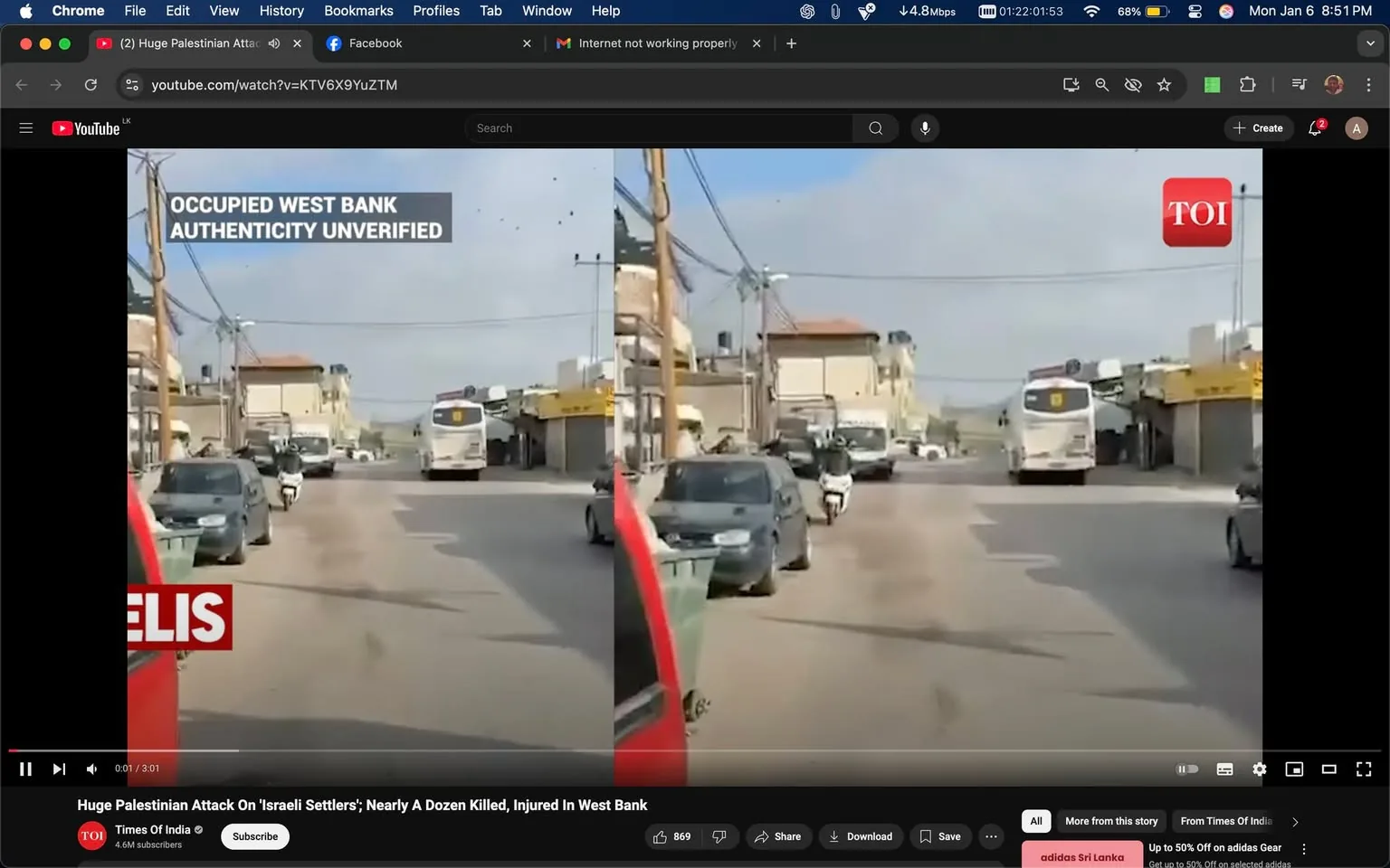 In the image, a street scene in the occupied West Bank is visible, with several vehicles, including a bus and cars, navigating the area. The setting appears to be an urban environment, with buildings lining the street and power lines overhead. The text overlay indicates that the authenticity of the footage is unverified, and it references a significant attack on Israeli settlers, implying a context of violence. The atmosphere seems tense, reflecting the serious nature of the reported events. No individuals are visible in the frame, and there are no explicit symbols or brands present. The overall tone of the image aligns with the surrounding posts discussing violence and conflict.