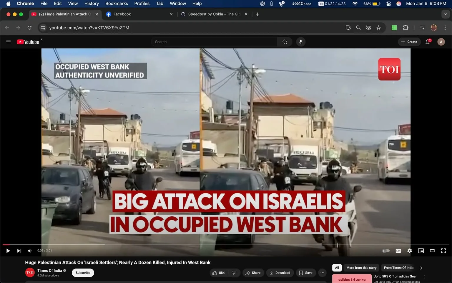 In the image, a street scene in the occupied West Bank is depicted, with a focus on a significant event labeled as a "BIG ATTACK ON ISRAELIS." The setting appears to be outdoors, with several vehicles visible, including a bus and a car. Two individuals on motorcycles are seen in the foreground, wearing helmets, suggesting a potential involvement in the incident. The background features buildings and power lines, indicating an urban environment. The text overlay states "AUTHENTICITY UNVERIFIED," hinting at the contentious nature of the event being reported. The logo for "TOI" (Times of India) is prominently displayed, indicating the source of the information. The overall atmosphere suggests tension and conflict, with implications of violence present in the context.