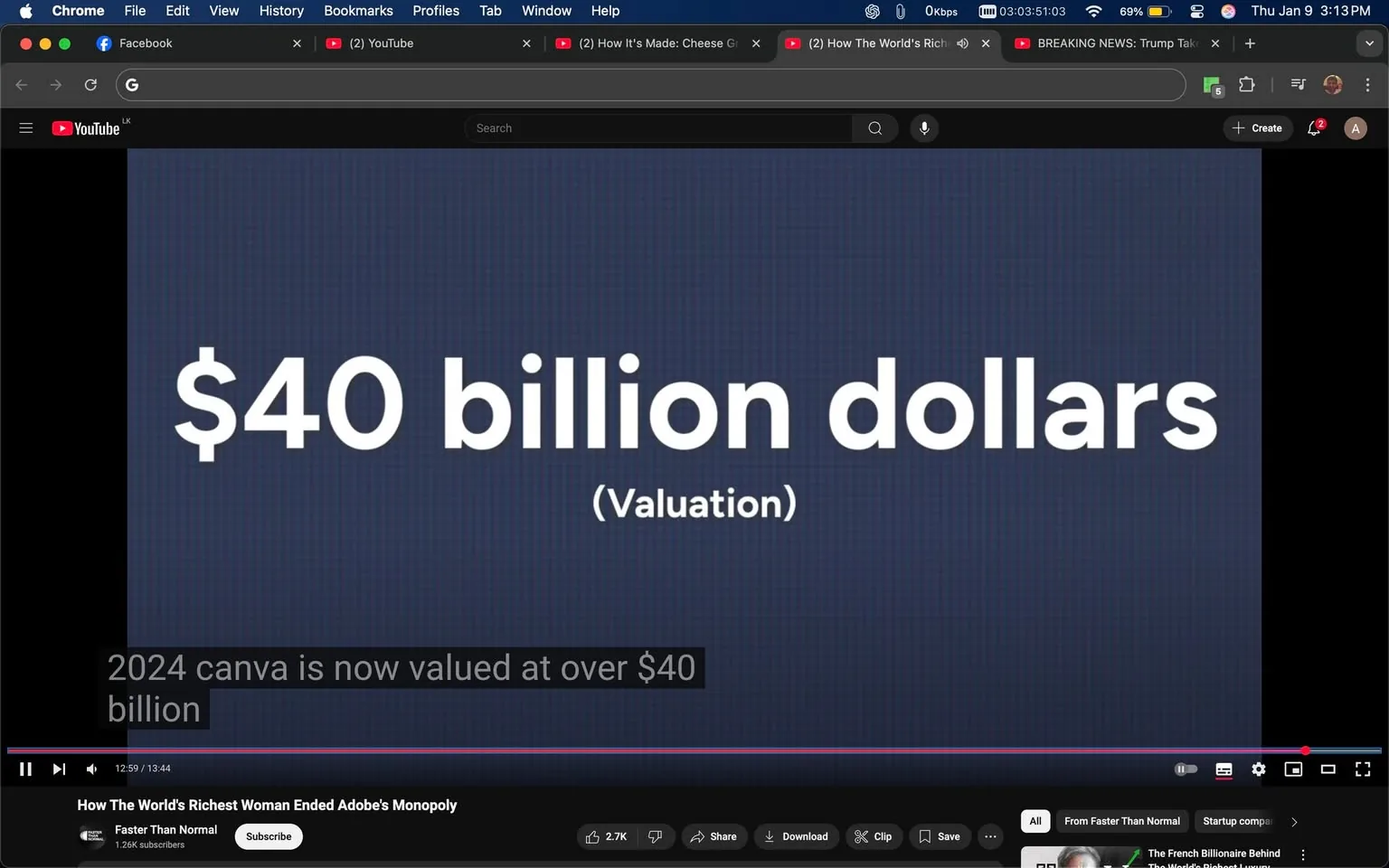 The image features a prominent display of the text "$40 billion dollars (Valuation)" against a dark blue background. Below this, there is additional text stating "2024 canvas is now valued at over $40 billion." The video player interface is visible at the bottom, indicating that this is a YouTube video titled "How The World's Richest Woman Ended Adobe's Monopoly," from a channel named "Faster Than Normal," which has 1.26K subscribers. The video is currently at the 12:59 mark of a 13:44 duration. The surrounding browser tabs suggest a casual browsing environment, with various social media and news sites open.