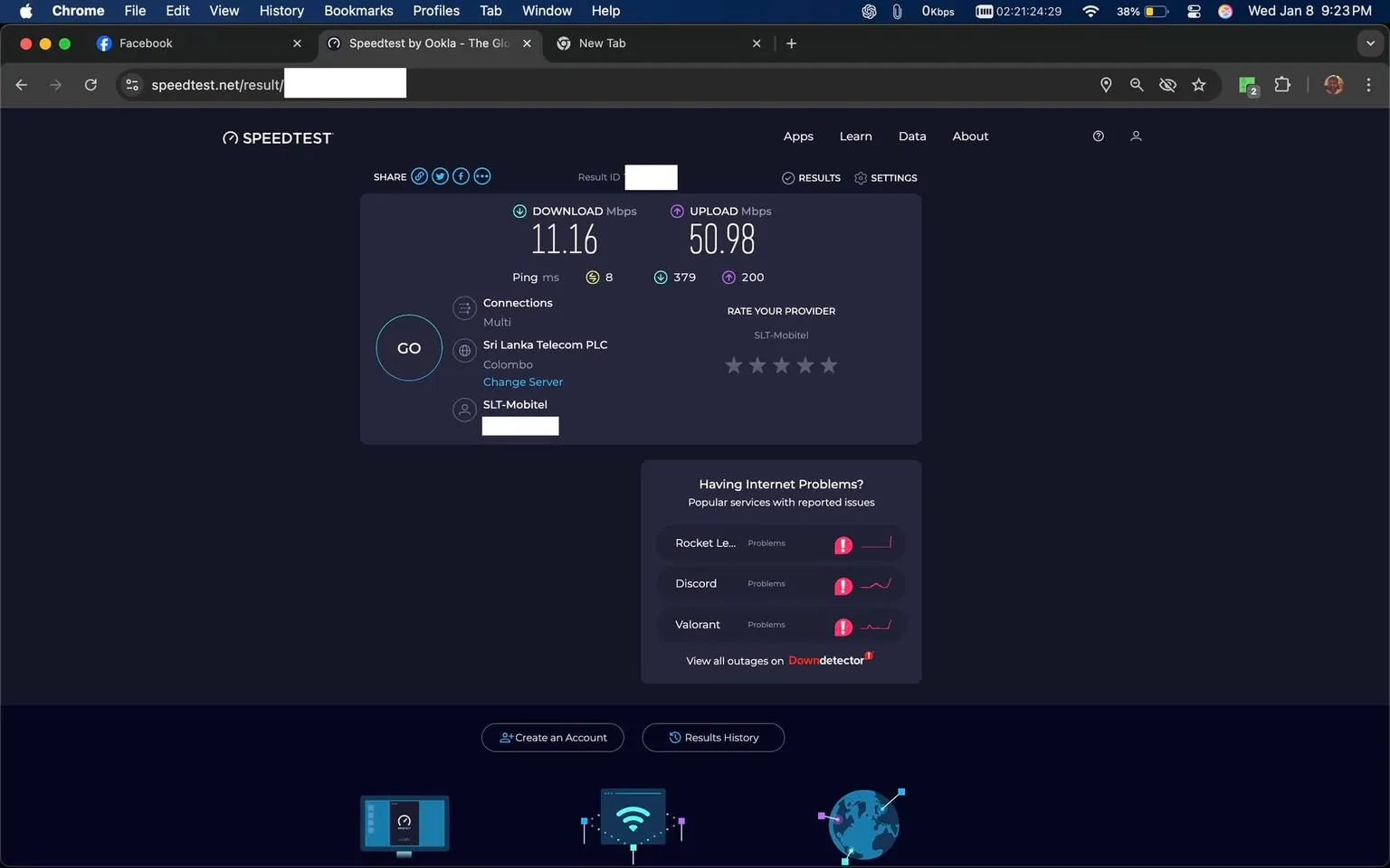 The image presents a speed test result from Speedtest by Ookla, showing a download speed of 11.16 Mbps and an upload speed of 50.98 Mbps. The ping is recorded at 8 ms, and the connection type is labeled as "Multi." The server location is identified as Colombo, Sri Lanka, with the provider being SLT-Mobitel. Below the speed metrics, there is a section indicating potential internet problems with services like Rocket League, Discord, and Valorant, each marked with alerts. The interface is dark-themed, and the overall layout is clean and modern, typical of online speed testing tools.