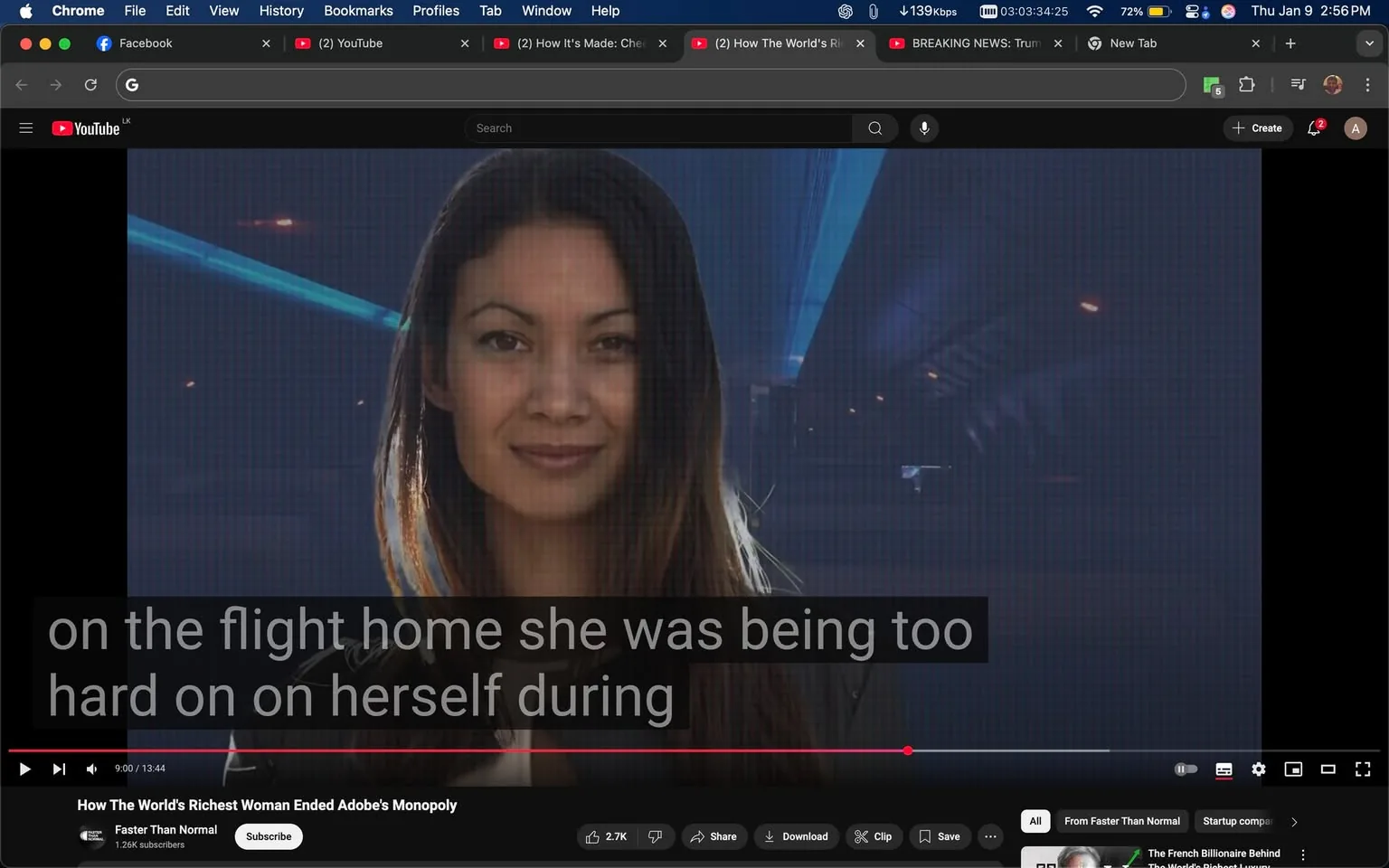 In the image, an unidentified adult woman is prominently featured, smiling softly. She has long, dark hair and is dressed in a black jacket. The background appears to be an indoor setting, possibly an airplane or a modern building, with blue lighting accents. Overlaying the image is a text caption that reads, "on the flight home she was being too hard on herself during," suggesting a reflective or personal moment. The overall atmosphere is calm, with no visible signs of violence or sexual content. The context of the surrounding posts hints at discussions about public figures and societal issues, but no specific brands or logos are present in the image itself.
