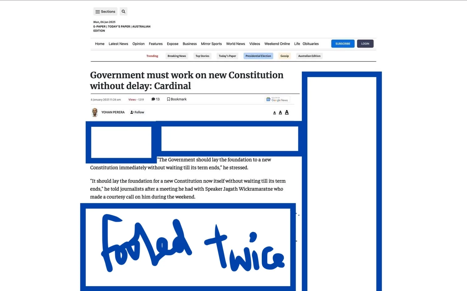 In the article, Malcolm Cardinal Ranjith, the Archbishop of Colombo, emphasizes the urgent need for the government to work on a new Constitution to foster national unity. He stresses that the government should not delay this process and should lay the foundation immediately. The article includes a quote from Cardinal Ranjith, highlighting his call for action without waiting for the current government's term to end. Additionally, Speaker Wickramaratne is mentioned as being committed to constitutional reforms. The surrounding posts reflect a range of intense sentiments, including discussions about violence and terrorism, indicating a broader context of concern and urgency regarding national security and political stability.