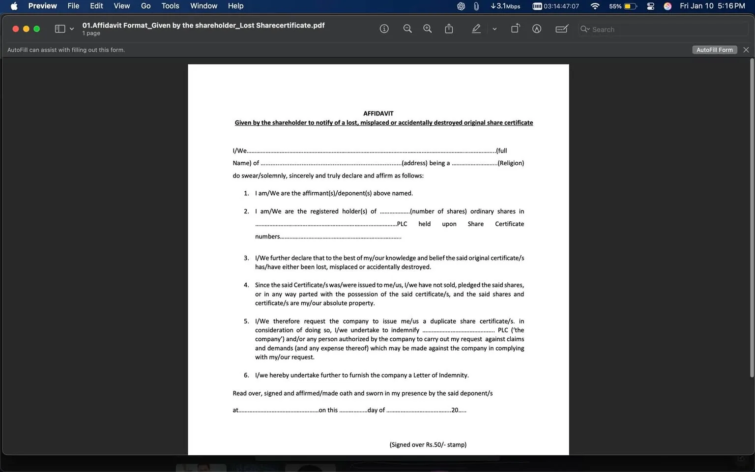 The document is an affidavit titled "Given by the shareholder to notify of a lost, misplaced or accidentally destroyed original share certificate." It includes sections for the declarant's name, address, and religious affiliation. The text outlines the affirmant's declaration regarding the loss of share certificates, including details about the number of shares and the company involved. The affidavit requests the issuance of duplicate share certificates and includes a statement of indemnity. The document is structured with numbered points and concludes with a space for signatures and a date. There are no visible logos or brands present in the document.