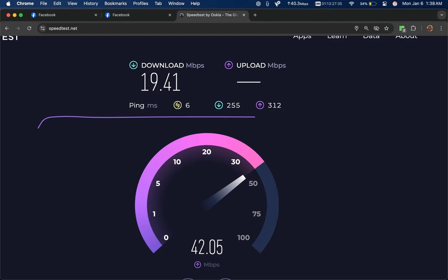 The image presents a speed test result from speedtest.net, showing a download speed of 19.41 Mbps and an upload speed of 42.05 Mbps. The ping is recorded at 6 ms. The interface features a circular gauge with a gradient from purple to dark blue, indicating the download and upload speeds. The top of the screen displays the Facebook logo, suggesting the test was conducted while logged into that platform. The background is dark, enhancing the visibility of the speed test results. There are no visible people or sensitive content in the image.