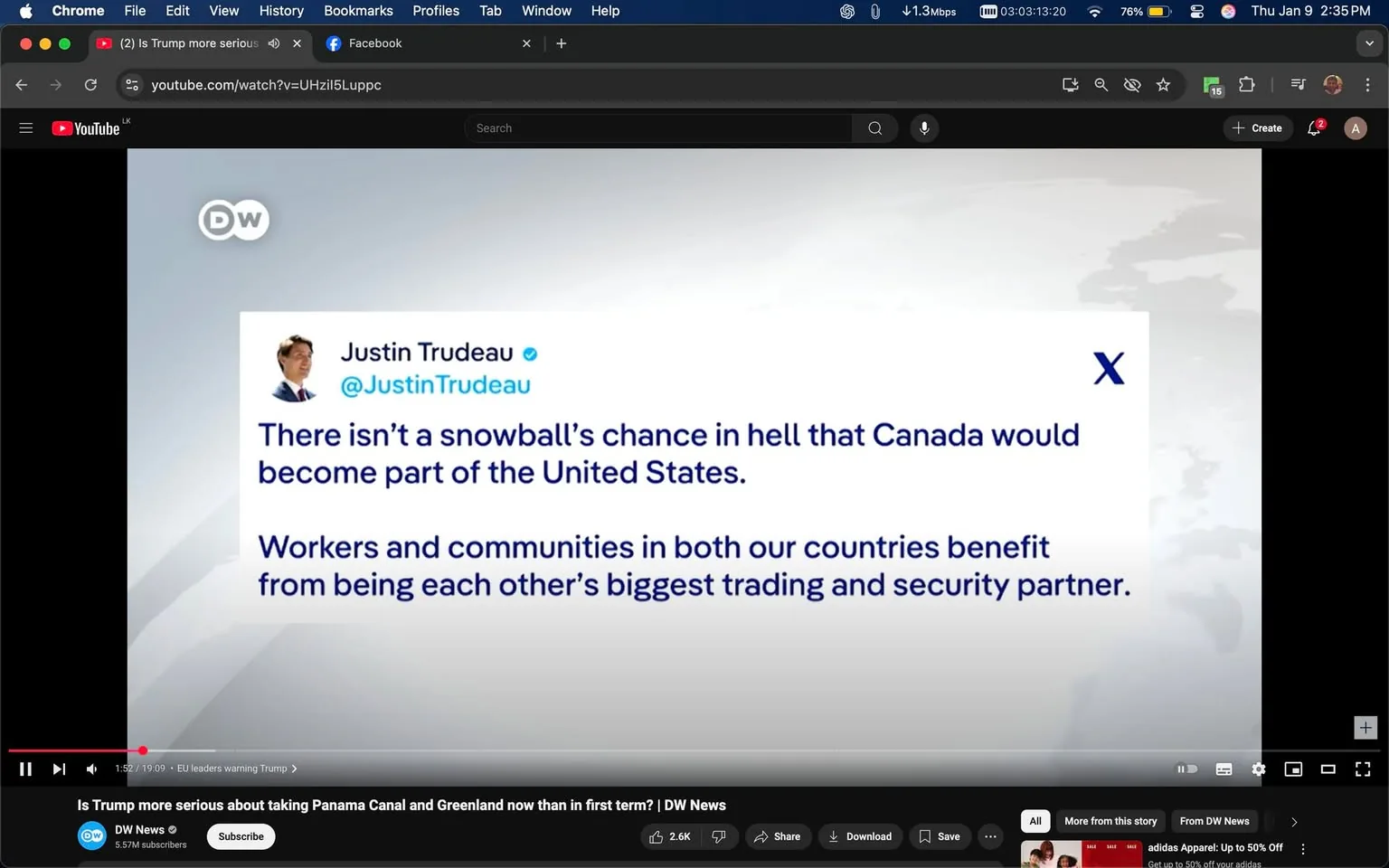 In the image, a tweet attributed to Justin Trudeau is prominently displayed. The tweet states, "There isn’t a snowball’s chance in hell that Canada would become part of the United States," followed by a comment on the benefits of trade and security partnerships between Canada and the U.S. The background is a soft gradient, and the logo for DW News is visible in the lower left corner, indicating the source of the content. The overall tone of the tweet is assertive and political, reflecting a stance on national identity and international relations.