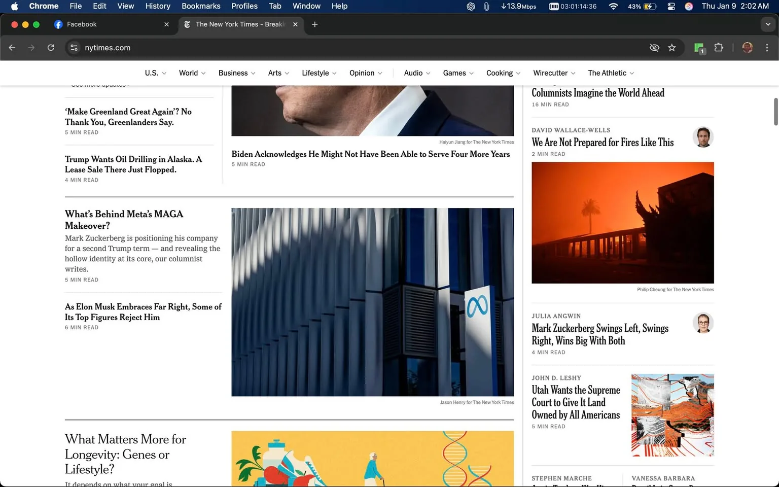 The New York Times webpage features several articles with political themes, including discussions about Meta's branding changes and commentary on figures like Mark Zuckerberg and Elon Musk. The layout includes a prominent logo for Meta, positioned on a building with a modern architectural design. The articles are accompanied by images and brief summaries, indicating the reading time for each piece. The surrounding text reflects a mix of political opinions and critiques, particularly focusing on figures in the UK and their policies. The overall tone suggests a critical examination of current events and leadership.