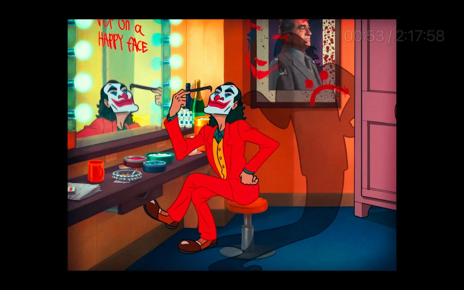 In a vibrant dressing room, a character dressed in a bright red suit sits on a stool, applying makeup in front of a mirror. The character has a white face with exaggerated red lips and dark eye makeup, embodying a theatrical persona. The background features illuminated mirrors and a colorful array of makeup products on the counter, including small containers of various colors. A bottle of champagne and a cup are also visible. The walls are adorned with playful graffiti that reads "Put on a happy face." A shadow of the character is cast on the wall, adding depth to the scene. The overall atmosphere is lively and artistic, suggesting a performance or show is imminent.