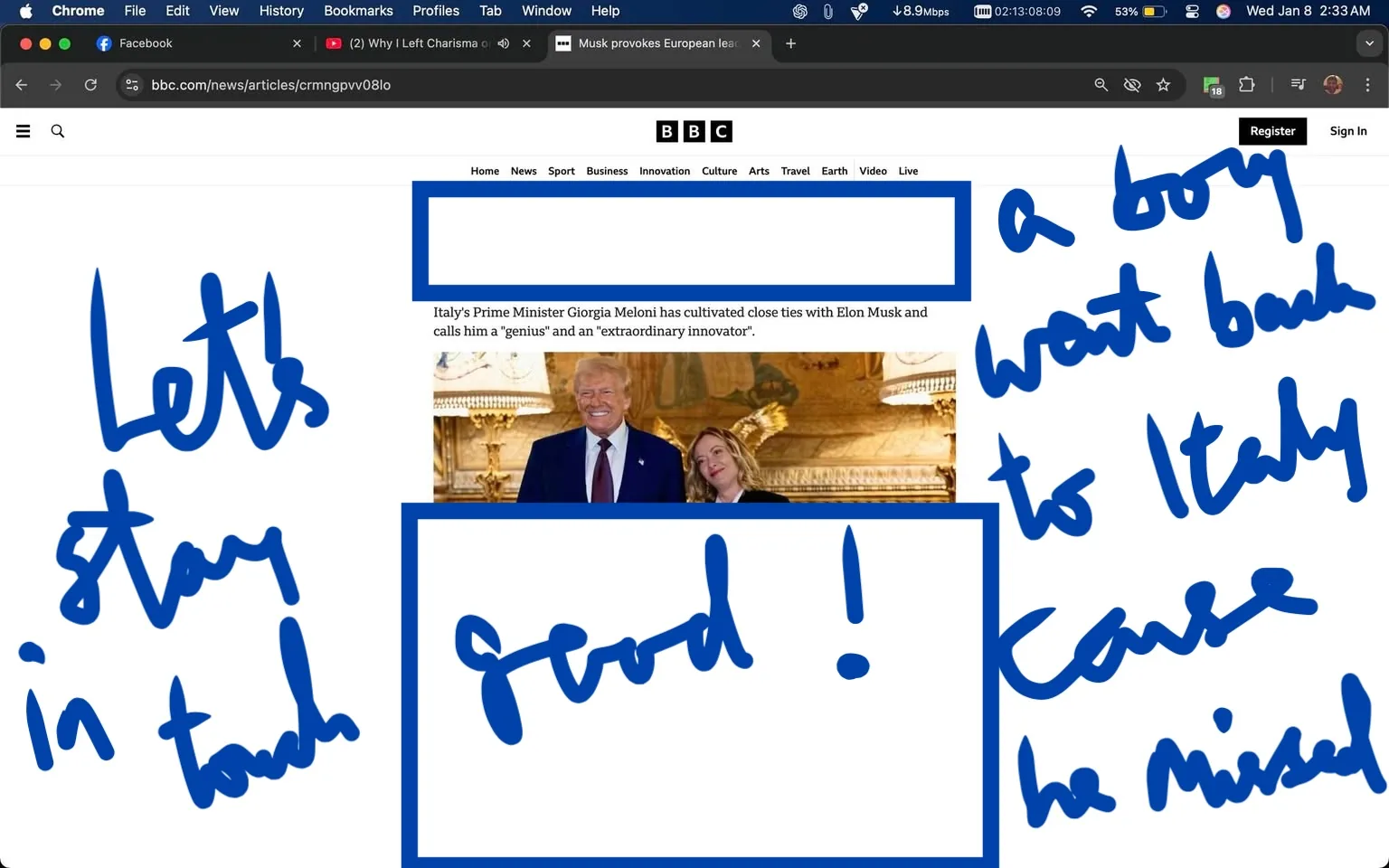 In the image, two individuals are posing together in an ornate indoor setting, likely a luxurious room given the decorative elements in the background. One individual is wearing a dark suit and a red tie, giving a thumbs-up gesture, while the other is dressed in a black outfit and smiling. The background features intricate gold detailing and a large chandelier, suggesting a high-profile event or meeting. The text accompanying the image mentions Italy's Prime Minister Giorgia Meloni and her close ties with Elon Musk, indicating a political context. The article discusses their views on misinformation and political matters in Europe, particularly in relation to Hungary and Germany.