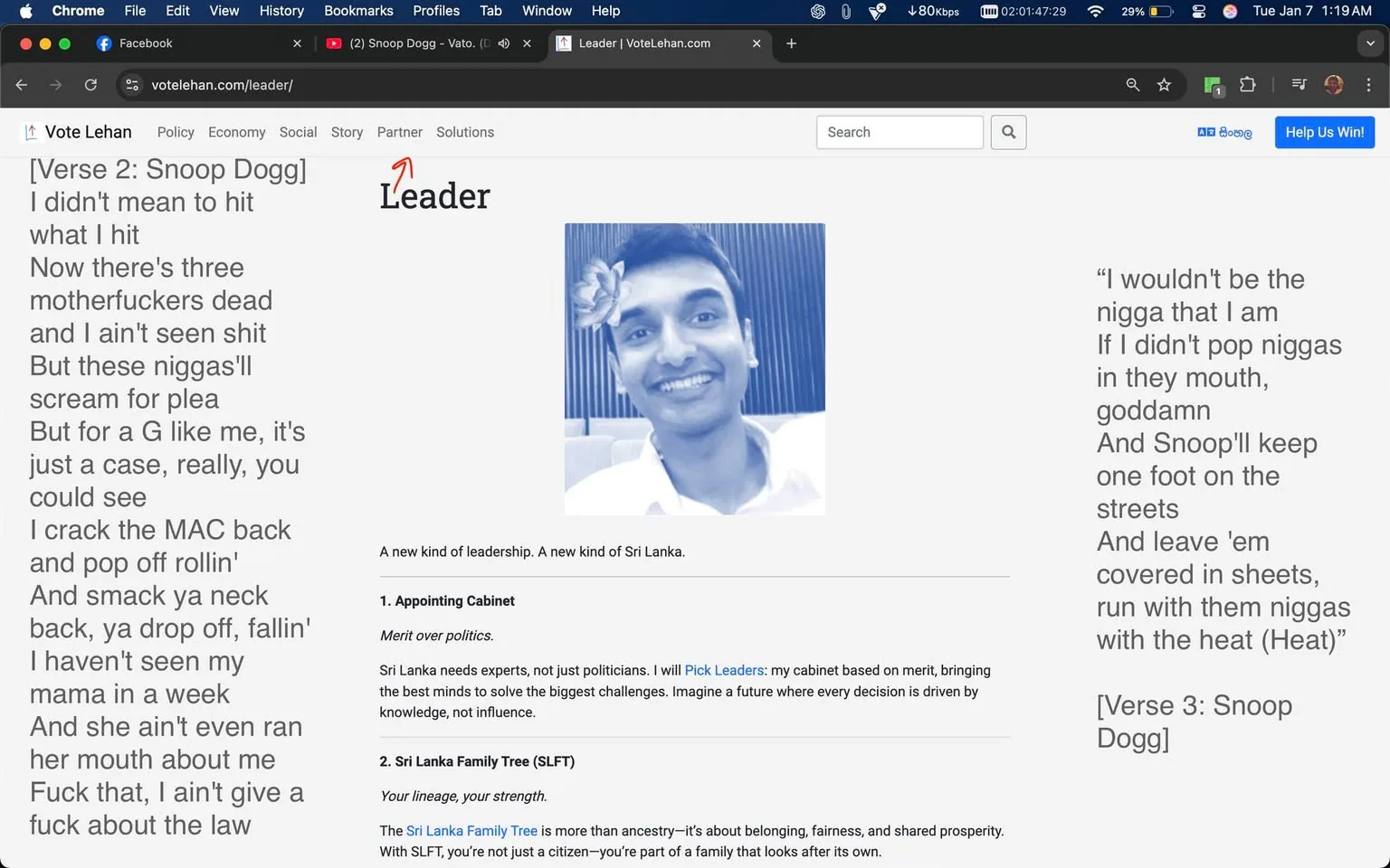 A webpage titled "Leader" features a smiling individual with a flower in their hair, set against a blue-toned background. Below the image, there are lyrics attributed to Snoop Dogg, which include explicit language and references to violence. The surrounding text discusses various political sentiments and concerns about violence, particularly in relation to terrorism and threats to safety. The content reflects a strong emotional response to perceived dangers, mentioning specific groups and the need for decisive action. The overall tone is urgent and confrontational, emphasizing the need to address threats firmly.