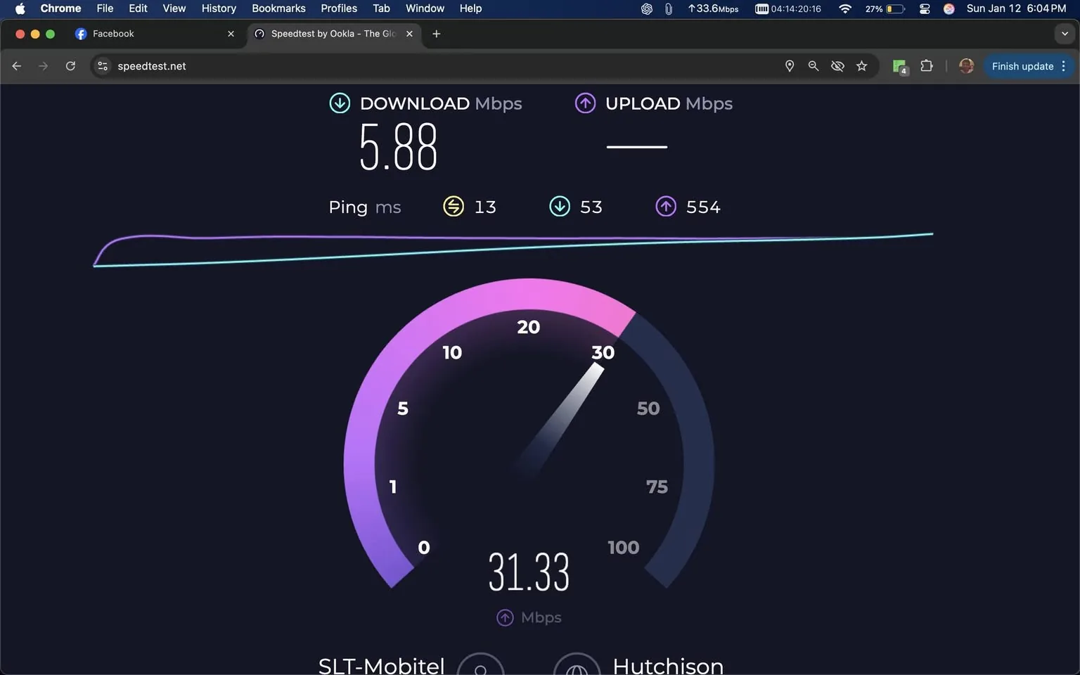 The image presents a speed test result from speedtest.net, showing a download speed of 5.88 Mbps and an upload speed that is not specified. The ping is recorded at 13 ms. A circular gauge indicates a speed of 31.33 Mbps, with the scale ranging from 0 to 100 Mbps. The background is dark, and the interface features a modern design with purple and blue accents. The browser window at the top shows Facebook and indicates that the test was conducted using the Chrome browser. The surrounding posts mention various topics, including work plans, restaurant operations, and personal reflections on learning from Facebook. There are no visible individuals or sensitive content in the image.
