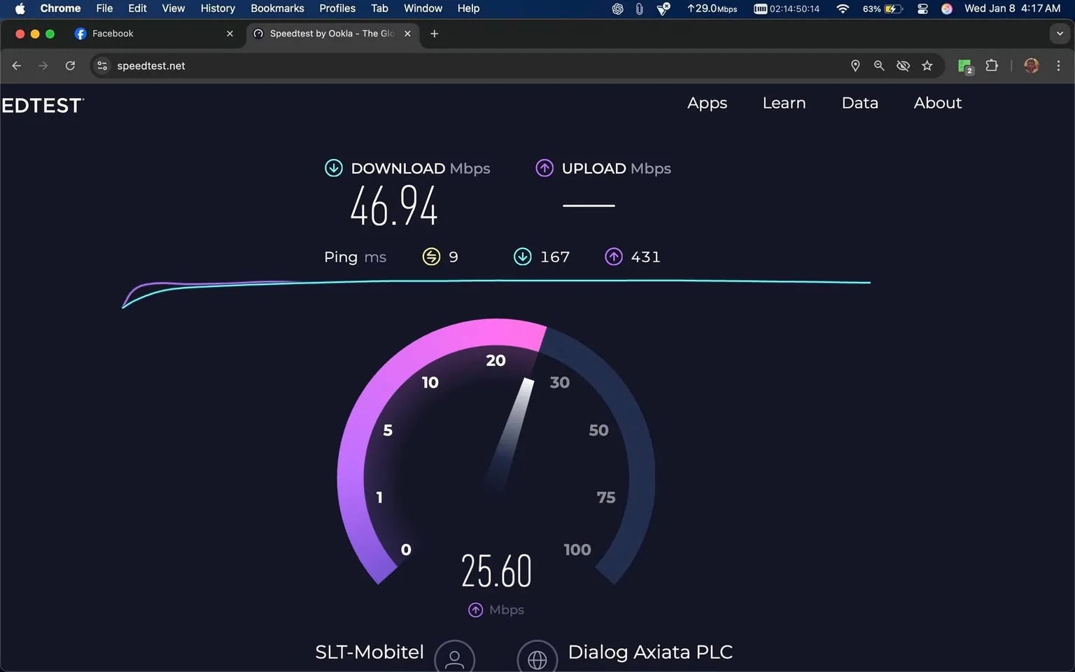The image presents a speed test result from the website speedtest.net, showing a download speed of 46.94 Mbps and an upload speed of 25.60 Mbps. The ping is recorded at 9 ms. The test indicates two service providers: SLT-Mobitel and Dialog Axiata PLC, both visible at the bottom of the screen. The interface features a dark background with a circular speedometer gauge, where the download and upload speeds are prominently displayed. The time shown is 4:17 AM on January 8, and the browser in use is Chrome. Surrounding posts reflect a variety of thoughts and comments, ranging from personal reflections to fictional scenarios involving characters like Harry Potter and Frodo.