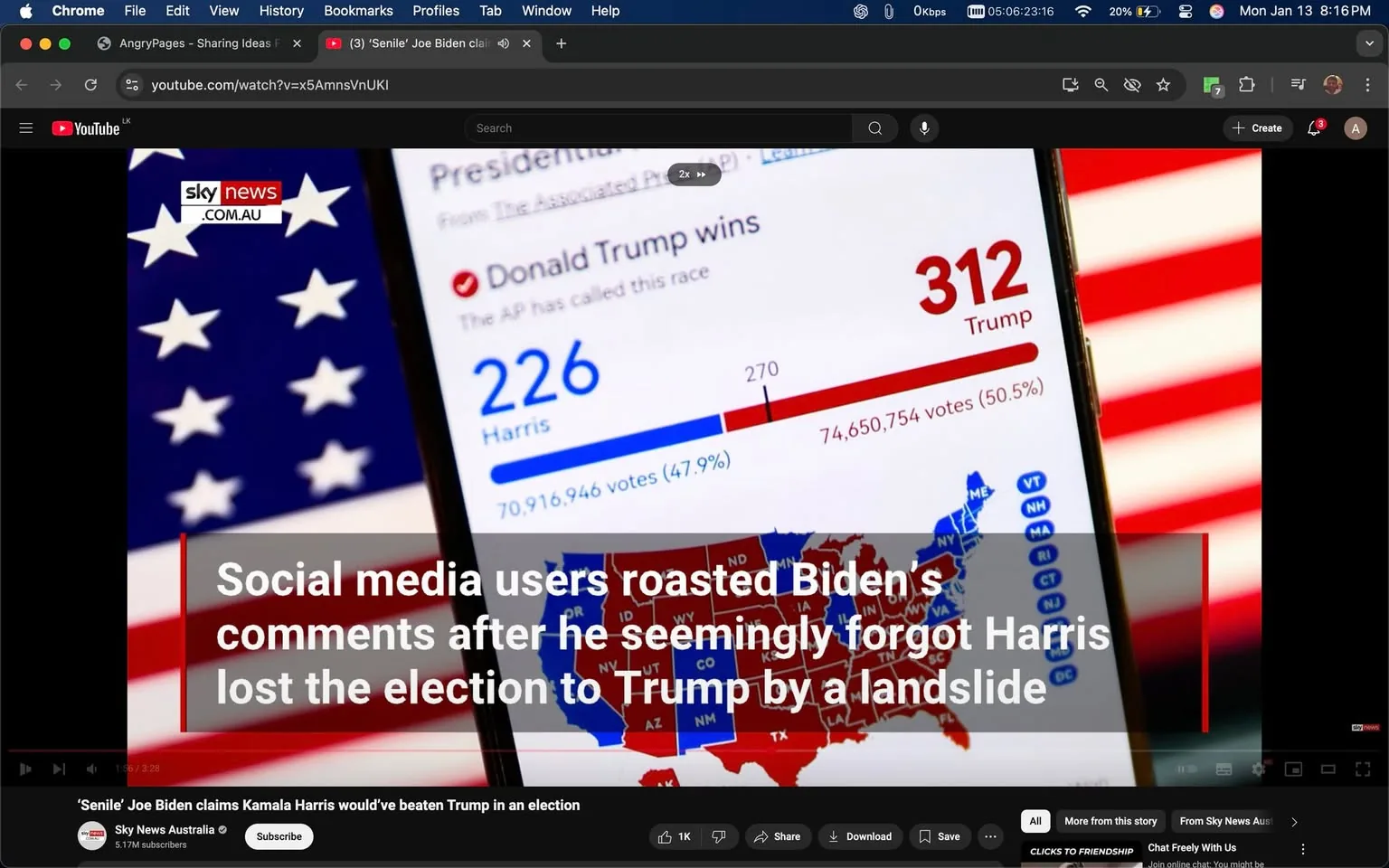 In the image, a smartphone displays election results, indicating that Donald Trump has won with 312 electoral votes compared to Kamala Harris's 226. The screen shows a breakdown of the votes, with Trump receiving 74,650,754 votes (50.5%) and Harris getting 70,916,946 votes (47.9%). The background features an American flag, enhancing the political context. A caption at the bottom mentions social media reactions to comments made by Joe Biden, suggesting he forgot that Harris lost the election. The overall tone is political, reflecting on recent electoral events.