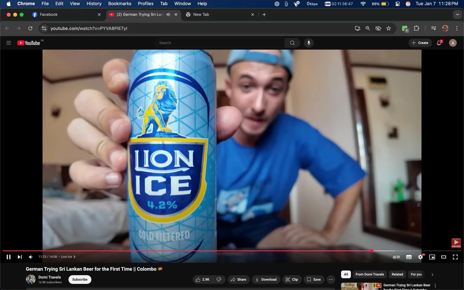 In the image, an unidentified adult is prominently holding a can of Lion Ice beer, which is blue and features a lion logo along with the text "Lion Ice" and "4.2% Cold Filtered." The individual is wearing a blue shirt and a light blue cap, and appears to be in an indoor setting, likely a hotel room, as suggested by the background elements like a bed and a mirror. The person is focused on the can, possibly discussing or promoting it, as indicated by the context of the video titled "German Trying Sri Lankan Beer for the First Time." The setting is casual, and the overall atmosphere seems relaxed.