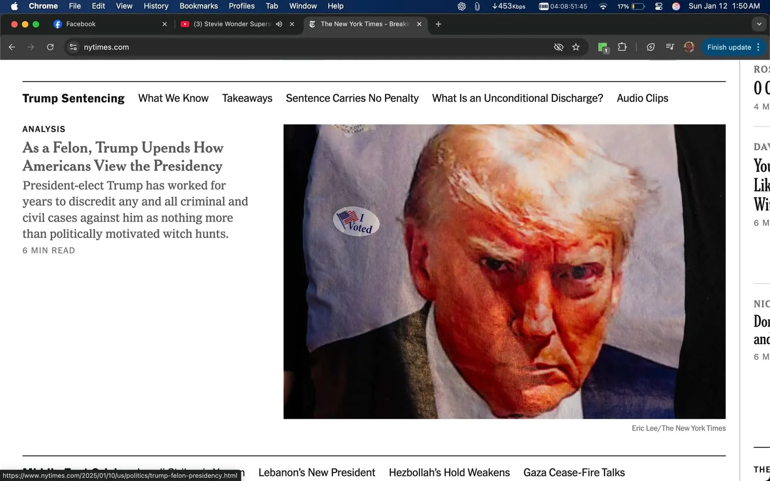 The image prominently features a political figure with a serious expression, characterized by distinct facial features and styled hair. He is depicted in a close-up, with a focus on his intense gaze. To the side, there is a visible "I Voted" sticker, suggesting a connection to electoral participation. The background appears to be a plain fabric, possibly a shirt or backdrop, which does not distract from the main subject. The overall tone of the image conveys a sense of gravity and political significance, aligning with the surrounding text discussing the implications of his actions on public perception of the presidency.