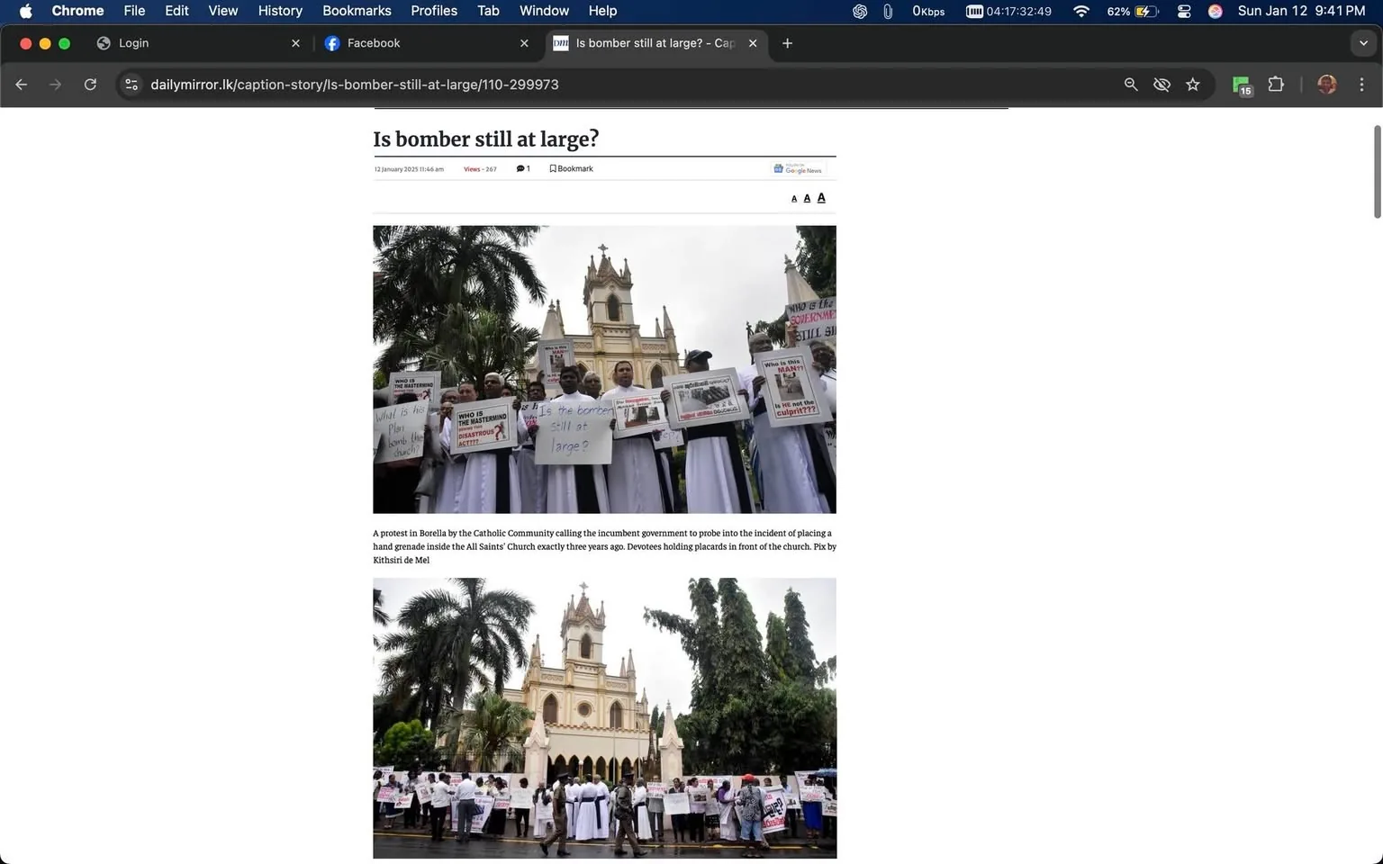 A protest is taking place in Borella, organized by the Catholic community, calling for the government to investigate an incident involving a hand grenade at the All Saints' Church. The scene features a group of individuals dressed in white, holding placards with messages such as "Is the bomber still at large?" and "What is the plan for the church?" The church's architecture is visible in the background, characterized by its tall spires and intricate design. The atmosphere appears serious, reflecting the community's concern over safety and accountability. The event is outdoors, surrounded by palm trees, and the time of day suggests it is likely overcast.