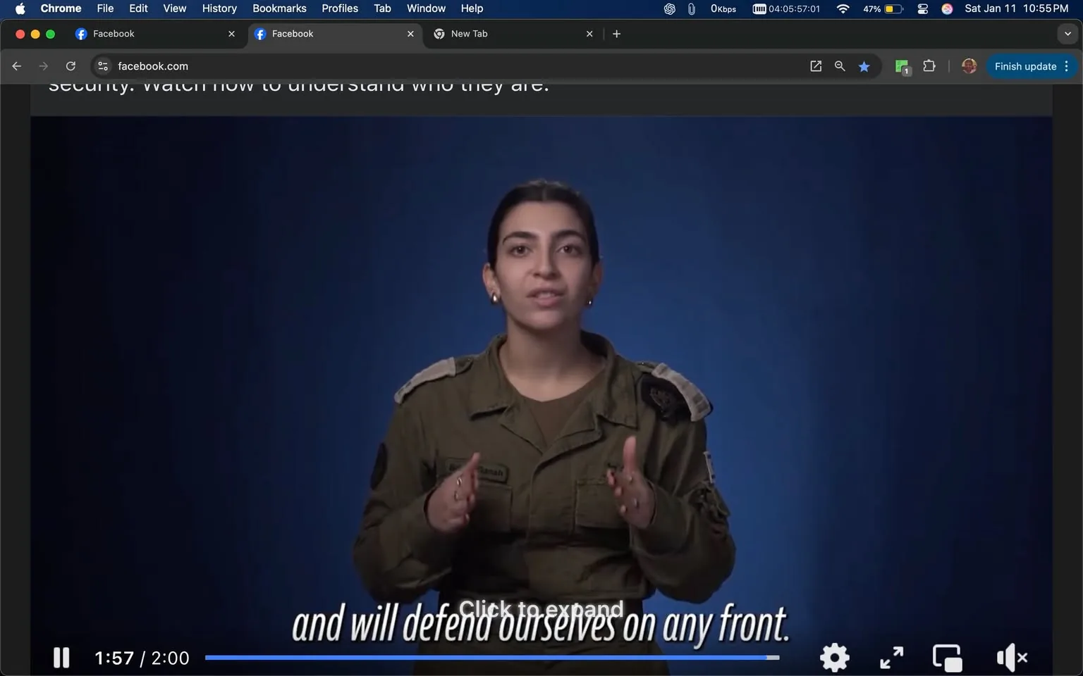 In the image, a young woman in military uniform is speaking directly to the camera against a solid blue background. She appears engaged and is using hand gestures to emphasize her points. The uniform has shoulder epaulets, and she has earrings visible. The text at the bottom reads, "and will defend ourselves on any front," indicating a discussion about security. The setting is likely a studio or controlled environment, as there are no distractions in the background. The overall tone suggests a serious or informative message.