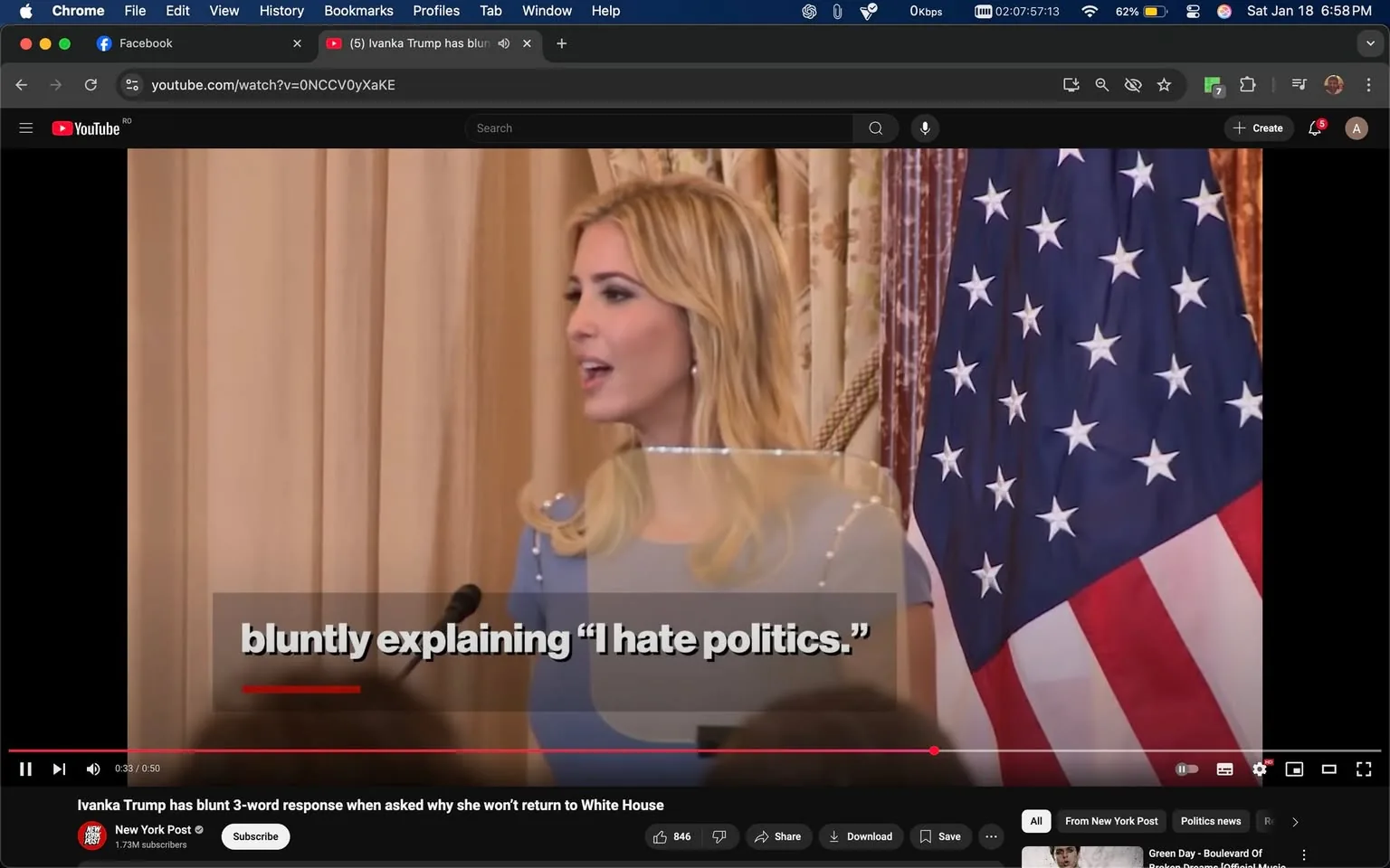 In the image, a woman is speaking at a podium, appearing to address an audience. She has long, blonde hair and is wearing a light blue dress adorned with decorative elements. The background features a curtain and an American flag, suggesting a formal setting, likely related to a political event. The text overlay states, "bluntly explaining 'I hate politics,'" indicating the nature of her remarks. The atmosphere appears serious, with the audience partially visible in the foreground, suggesting engagement with her speech.