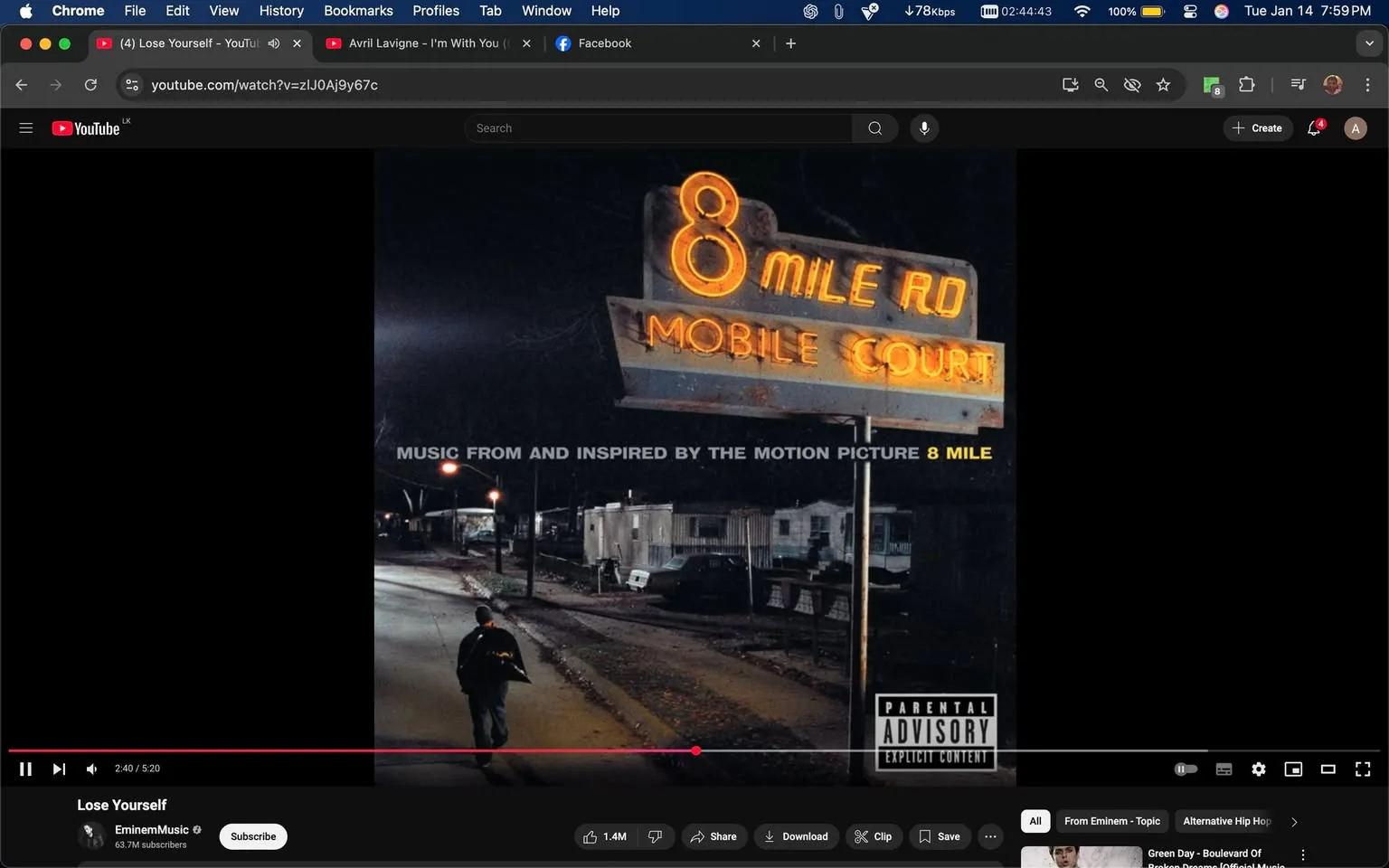 The image displays the album cover for "8 Mile," featuring a prominent neon sign that reads "8 MILE RD MOBILE COURT." The background is dark, suggesting a nighttime setting, with a solitary figure walking down a road, adding a sense of solitude. The text "MUSIC FROM AND INSPIRED BY THE MOTION PICTURE 8 MILE" is prominently displayed, indicating the album's connection to the film. The cover also includes a parental advisory label, suggesting explicit content. The overall mood is reflective, aligning with themes of struggle and aspiration often associated with the film and its music.