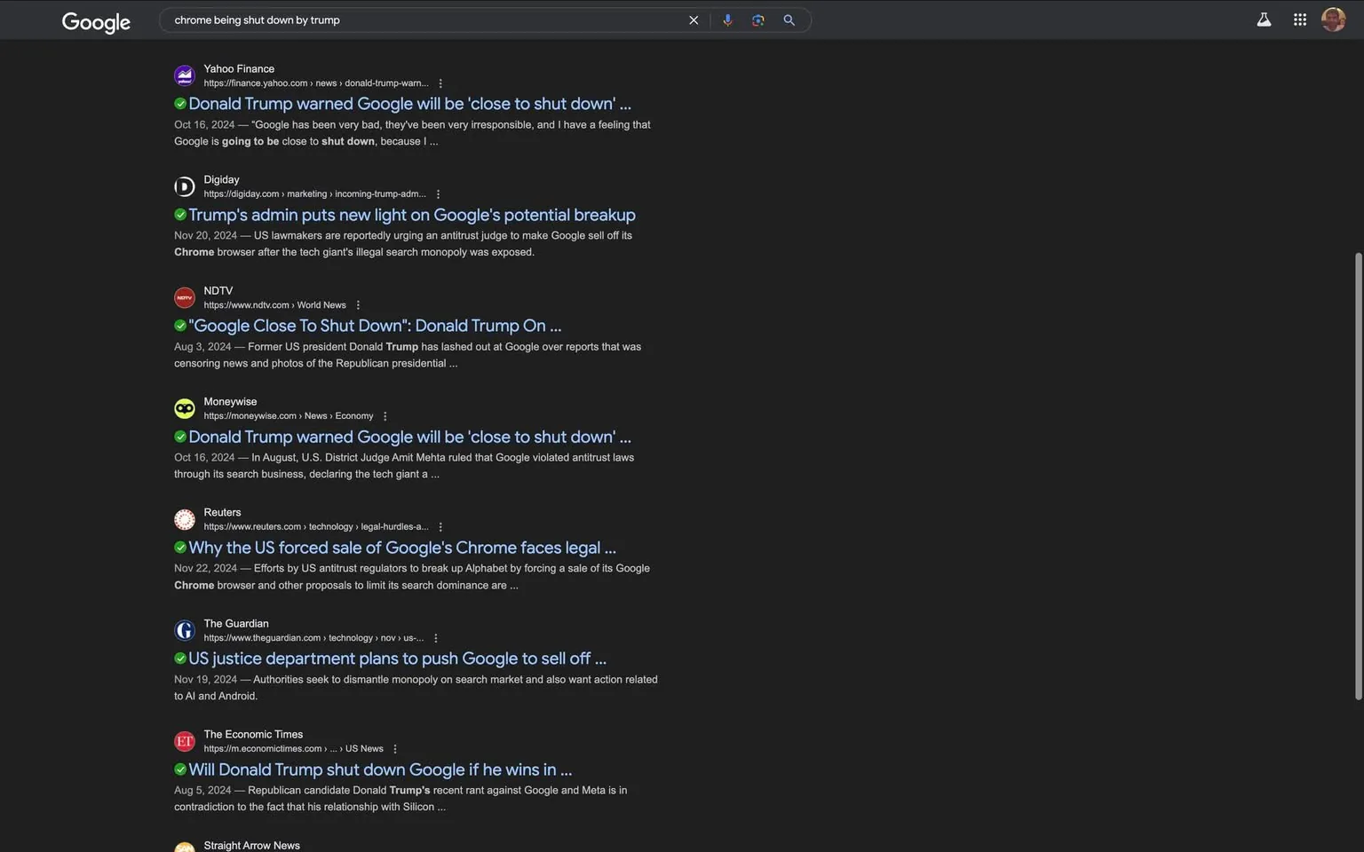 The search results display various articles related to Donald Trump and his comments about Google, specifically mentioning the potential shutdown of Google and its Chrome browser. The articles are from different sources, including Yahoo Finance, NDTV, and Reuters, and they discuss legal actions and political implications surrounding Google's operations. The titles suggest a focus on Trump's warnings and the legal challenges faced by Google regarding antitrust issues. The content reflects a significant political discourse, with references to ongoing legal battles and the implications for technology companies.