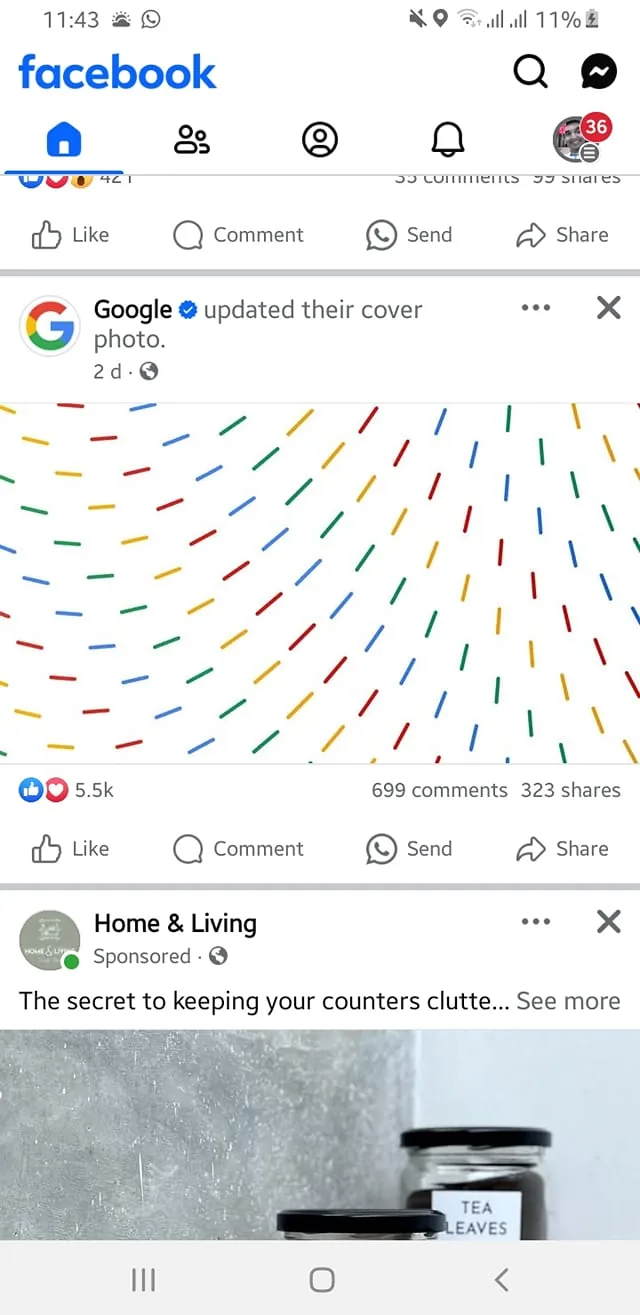 The Facebook post highlights an update from Google, indicating that they have changed their cover photo. The image features a vibrant design with a white background, adorned with colorful lines in red, green, yellow, and blue, arranged in a swirling pattern. This playful and abstract design is visually engaging, suggesting a creative and modern aesthetic. The post has garnered significant interaction, with 5.5k likes, 699 comments, and 323 shares, indicating a high level of engagement from users. Below this post, there is a sponsored advertisement from "Home & Living," which hints at tips for maintaining organized counters, although the details of this ad are not fully visible. The overall setting appears to be a typical social media feed, with various posts displayed in a scrolling format, typical of Facebook's interface.