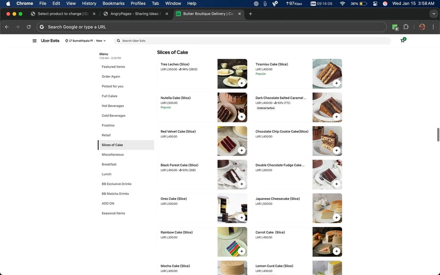The image presents a menu from Uber Eats, showcasing a selection of cake slices available for order. Each item is accompanied by its name and price in LKR (Sri Lankan Rupees). The cakes listed include Tres Leches, Nutella Cake, Tiramisu Cake, Dark Chocolate Salted Caramel Cake, Red Velvet Cake, and several others. Some items are marked as "Popular" or indicate previous orders. The layout is clean, with images of the cakes displayed alongside their descriptions. The menu is part of a digital interface, likely viewed on a computer, and includes a sidebar with additional categories like "Full Cakes," "Hot Beverages," and "Retail." The overall setting suggests a casual dining or takeaway experience.