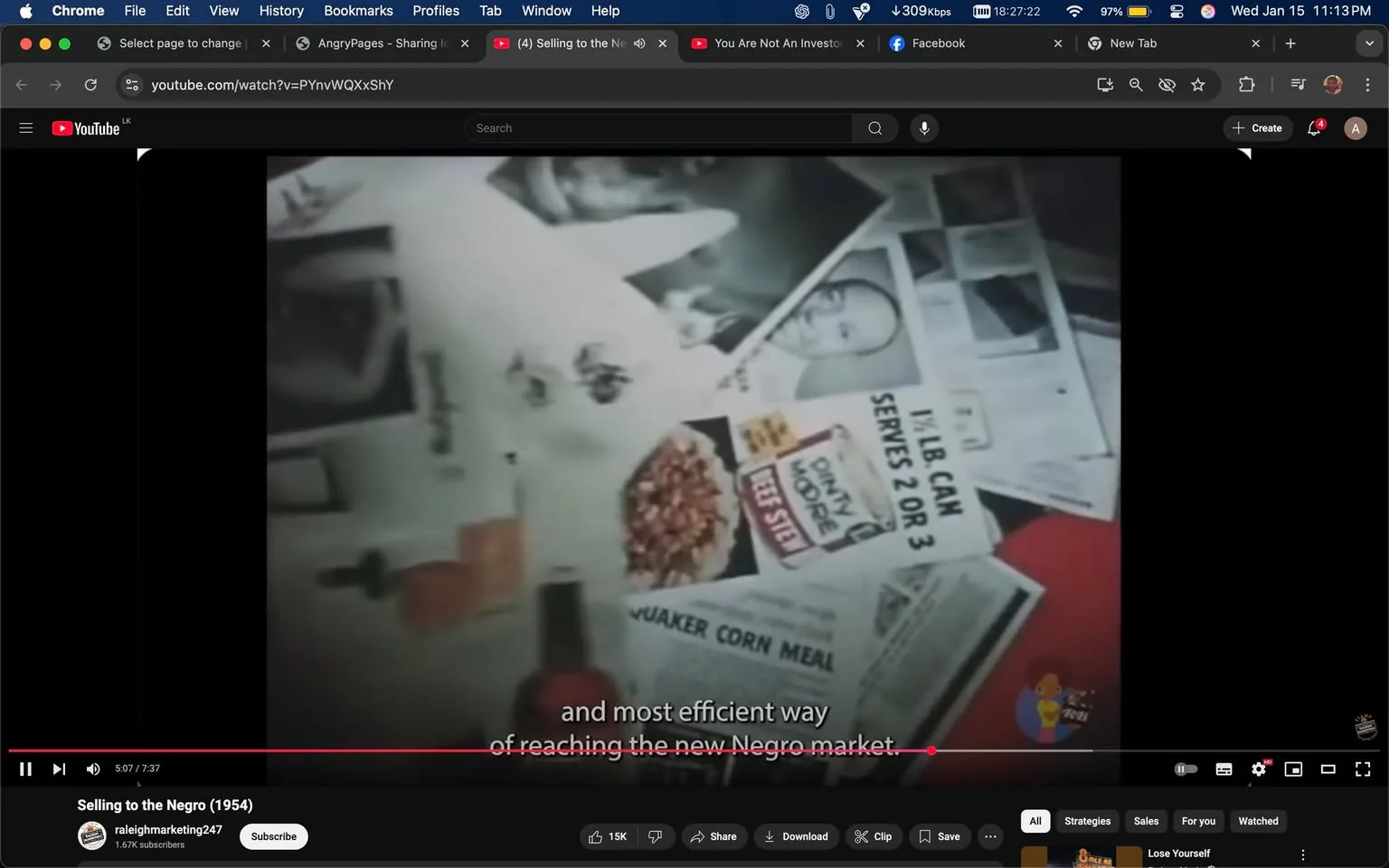 In the image, various printed materials are spread out on a surface, likely a table. Prominent among them is an advertisement for Quaker Corn Meal, which states "1½ LB CAN SERVES 2 OR 3." Other papers include black-and-white photographs and text, possibly related to marketing strategies aimed at a specific demographic. The setting appears to be indoors, with a focus on the printed materials rather than any people or events. The overall atmosphere suggests a discussion or analysis of marketing techniques, particularly in relation to reaching a targeted market.